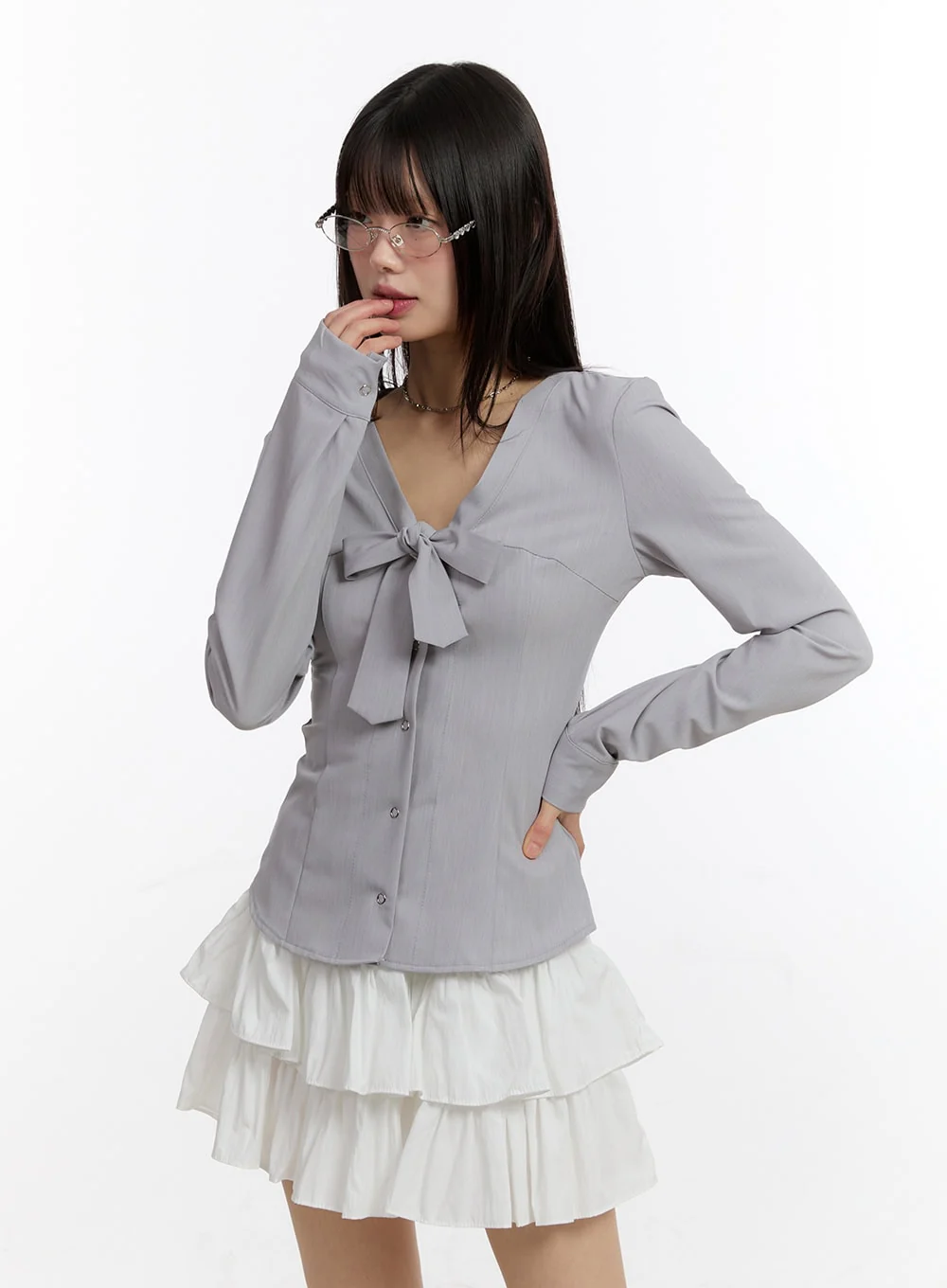 Ribbon Tie V-Neck Blouse Top CA509 - Image 2