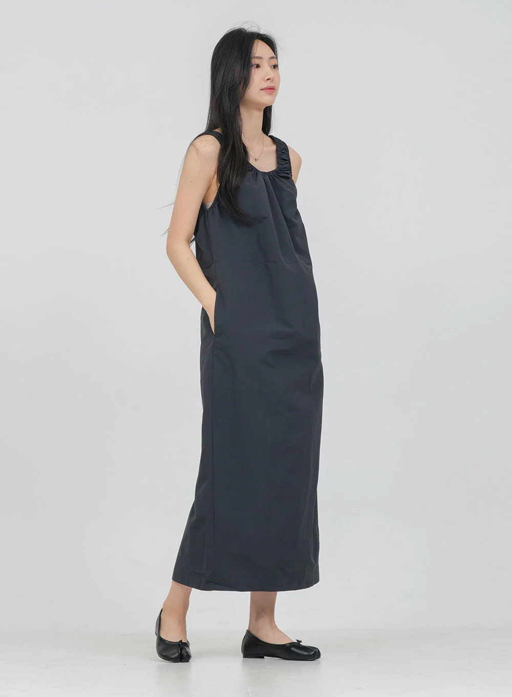 Round Neck Shirring Nylon Maxi Dress OA14 - Image 2