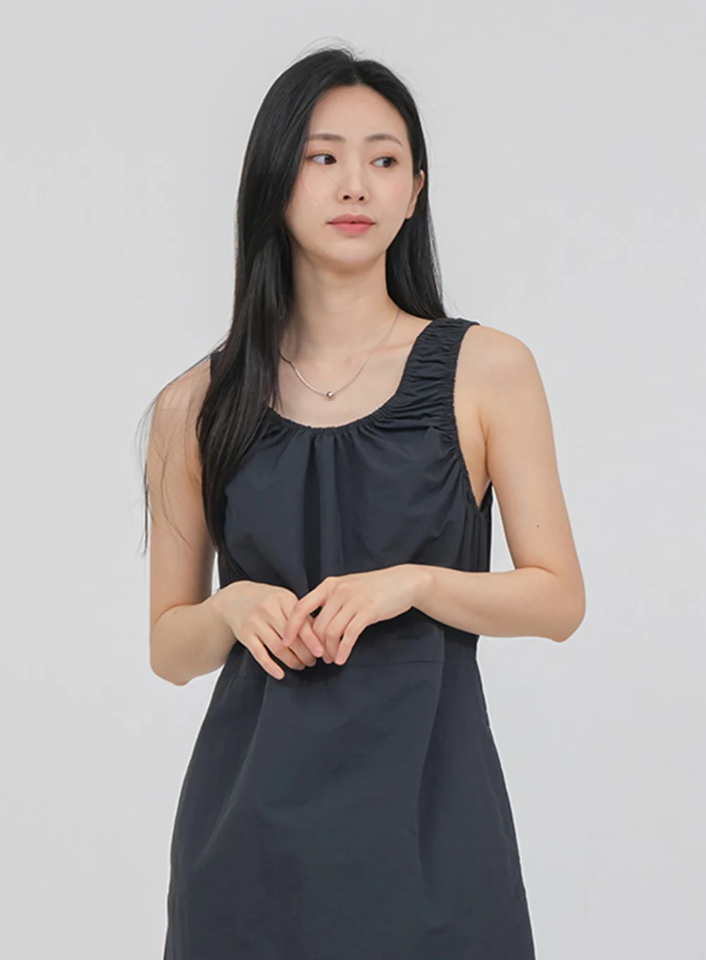 Round Neck Shirring Nylon Maxi Dress OA14 - Image 3