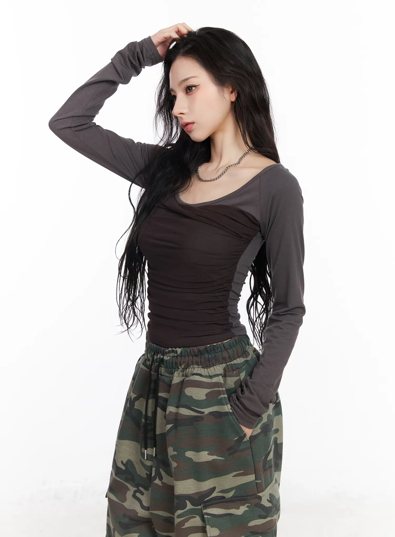 Ruched Chiffon Crop Long Sleeve Top CM518 - Image 6