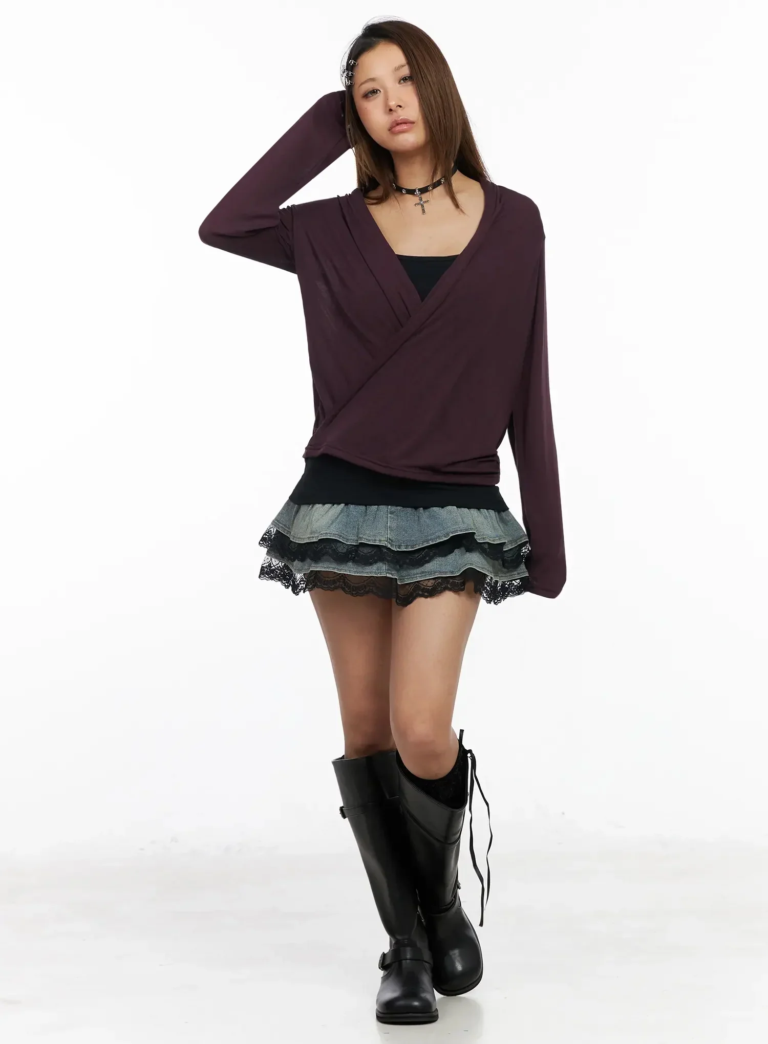 Ruffle Lace Denim Mini Skirt IY515 - Image 12