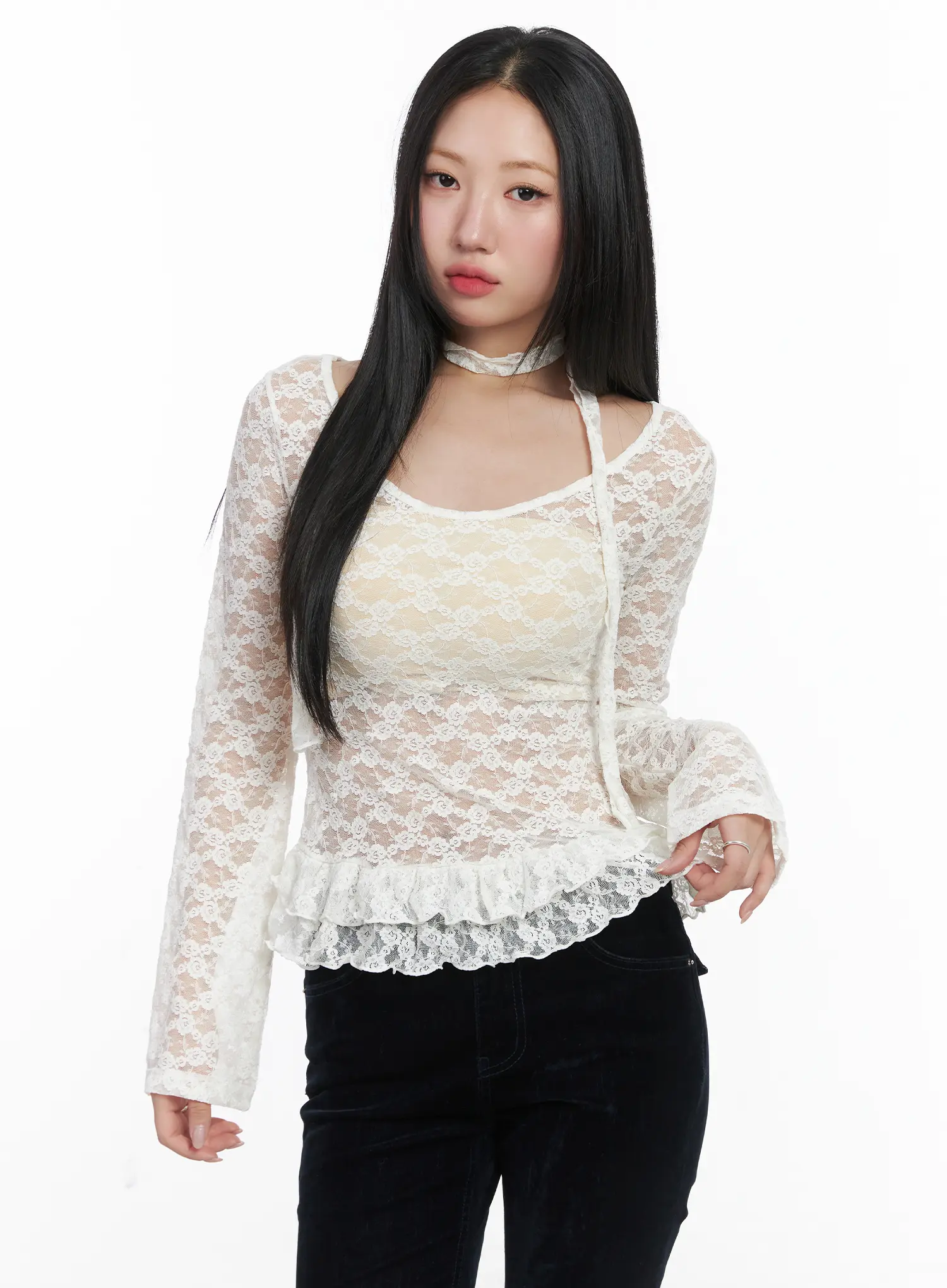 Ruffle Lace Long Sleeve Top Scarf Set CD529