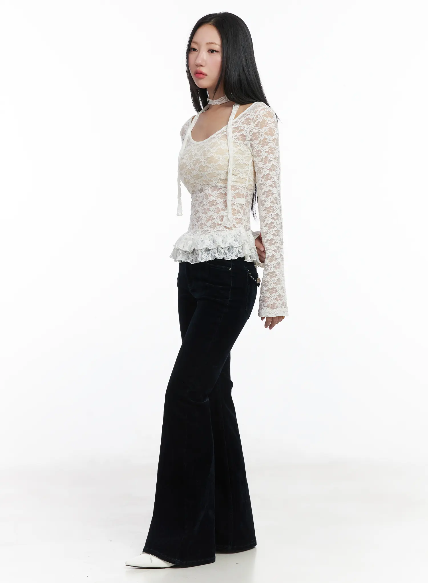 Ruffle Lace Long Sleeve Top Scarf Set CD529 - Image 3