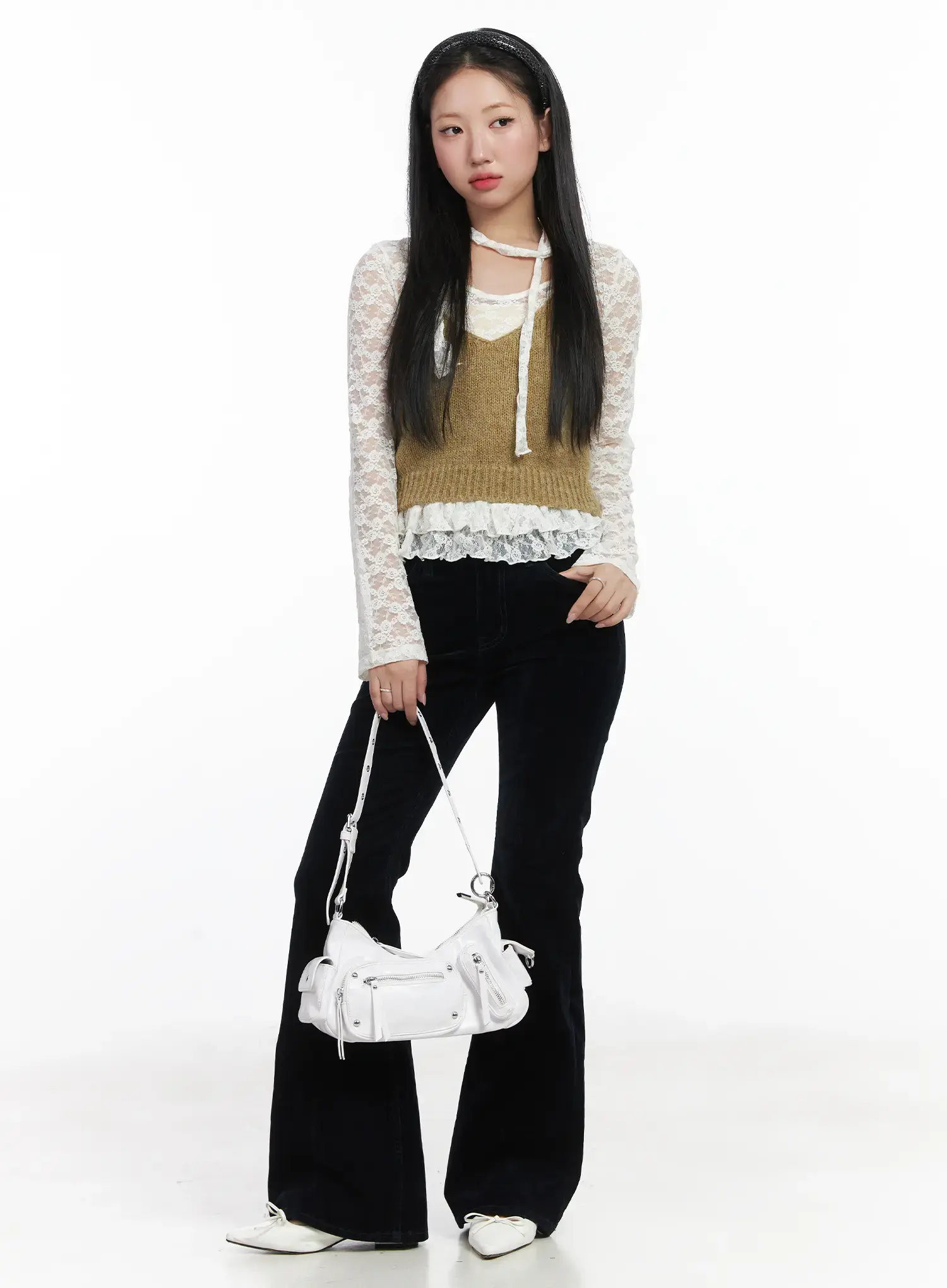 Ruffle Lace Long Sleeve Top Scarf Set CD529 - Image 5