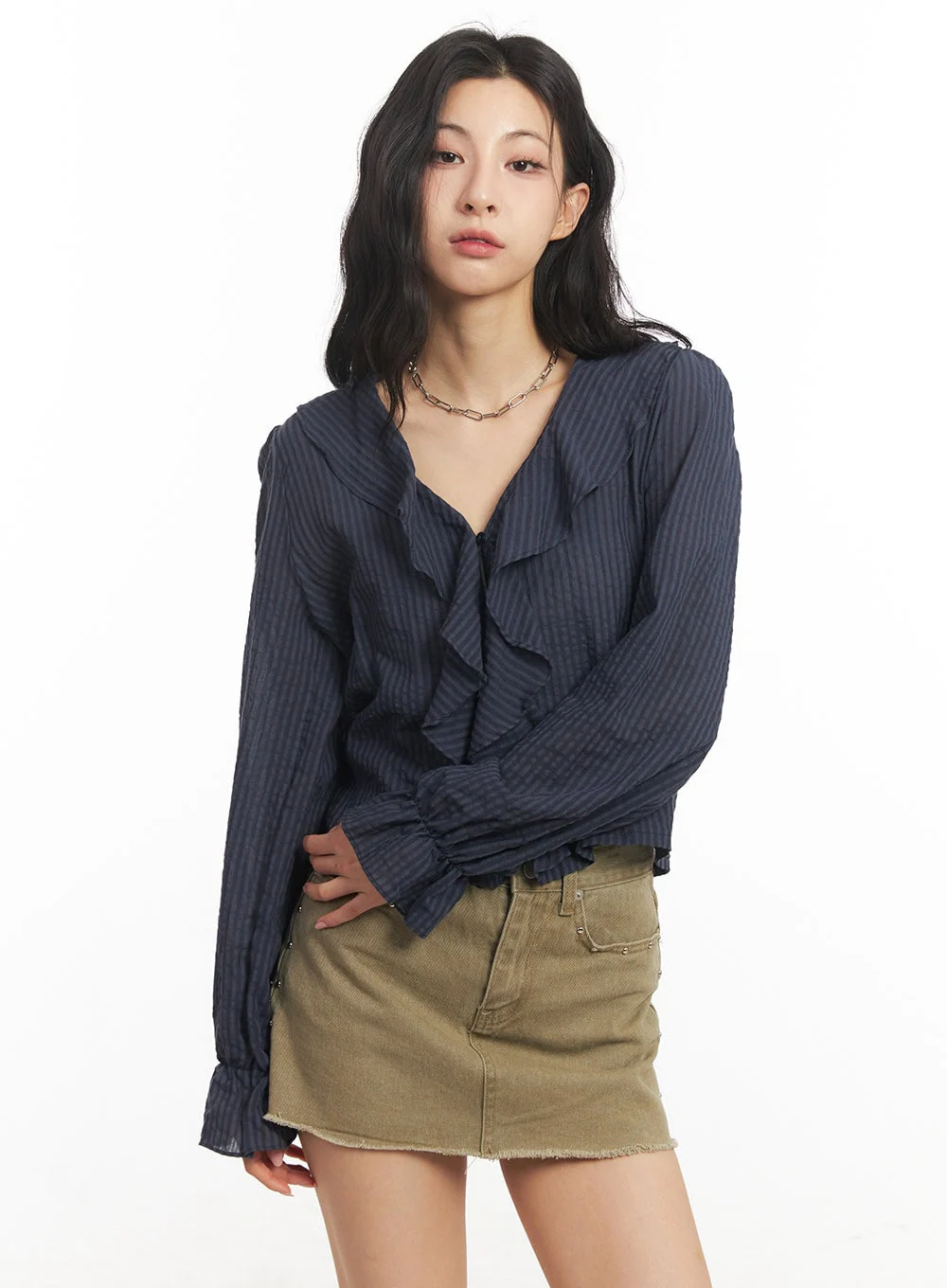 Ruffle V-Neck Stripe Blouse Top CA503