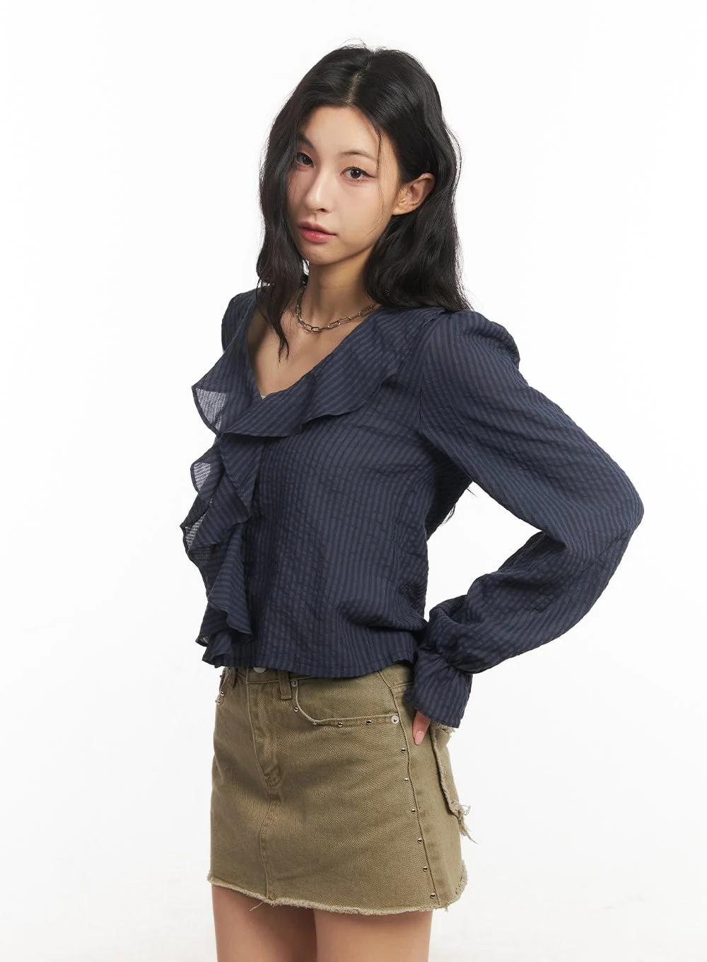 Ruffle V-Neck Stripe Blouse Top CA503 - Image 11