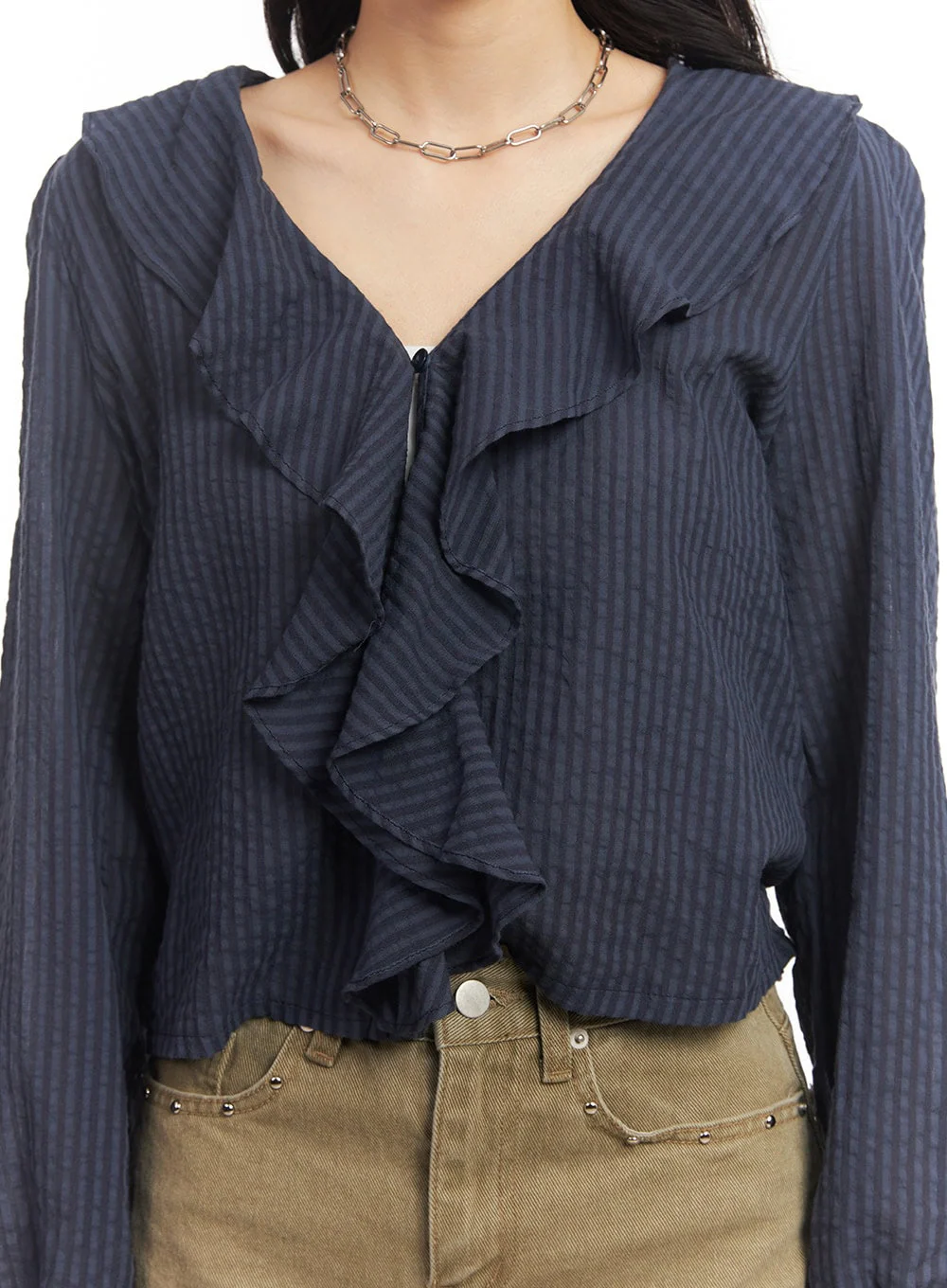 Ruffle V-Neck Stripe Blouse Top CA503 - Image 4