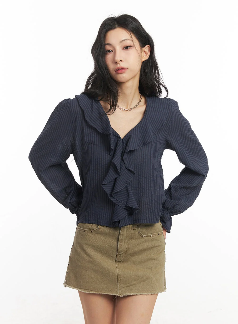 Ruffle V-Neck Stripe Blouse Top CA503 - Image 6