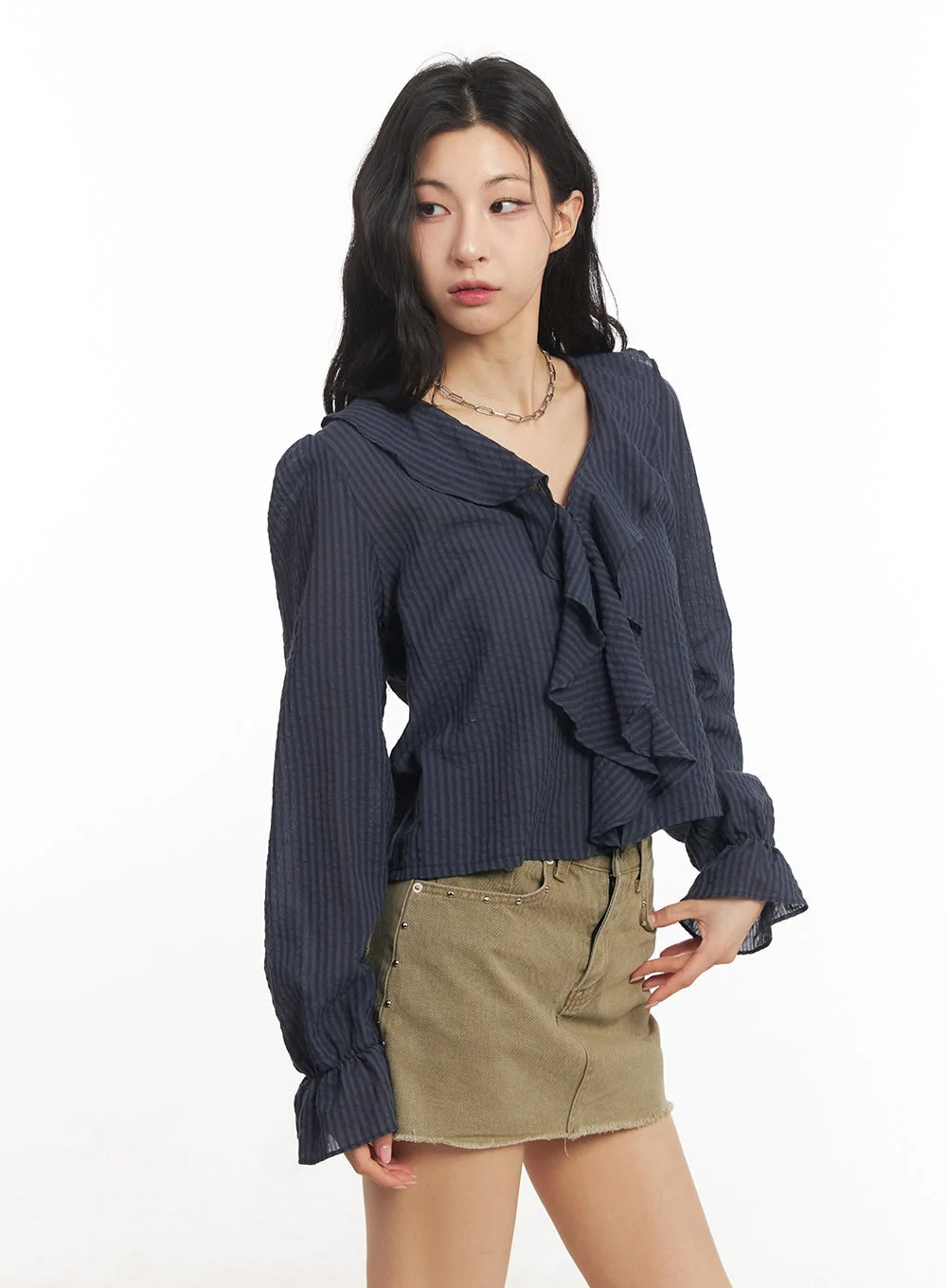Ruffle V-Neck Stripe Blouse Top CA503 - Image 7