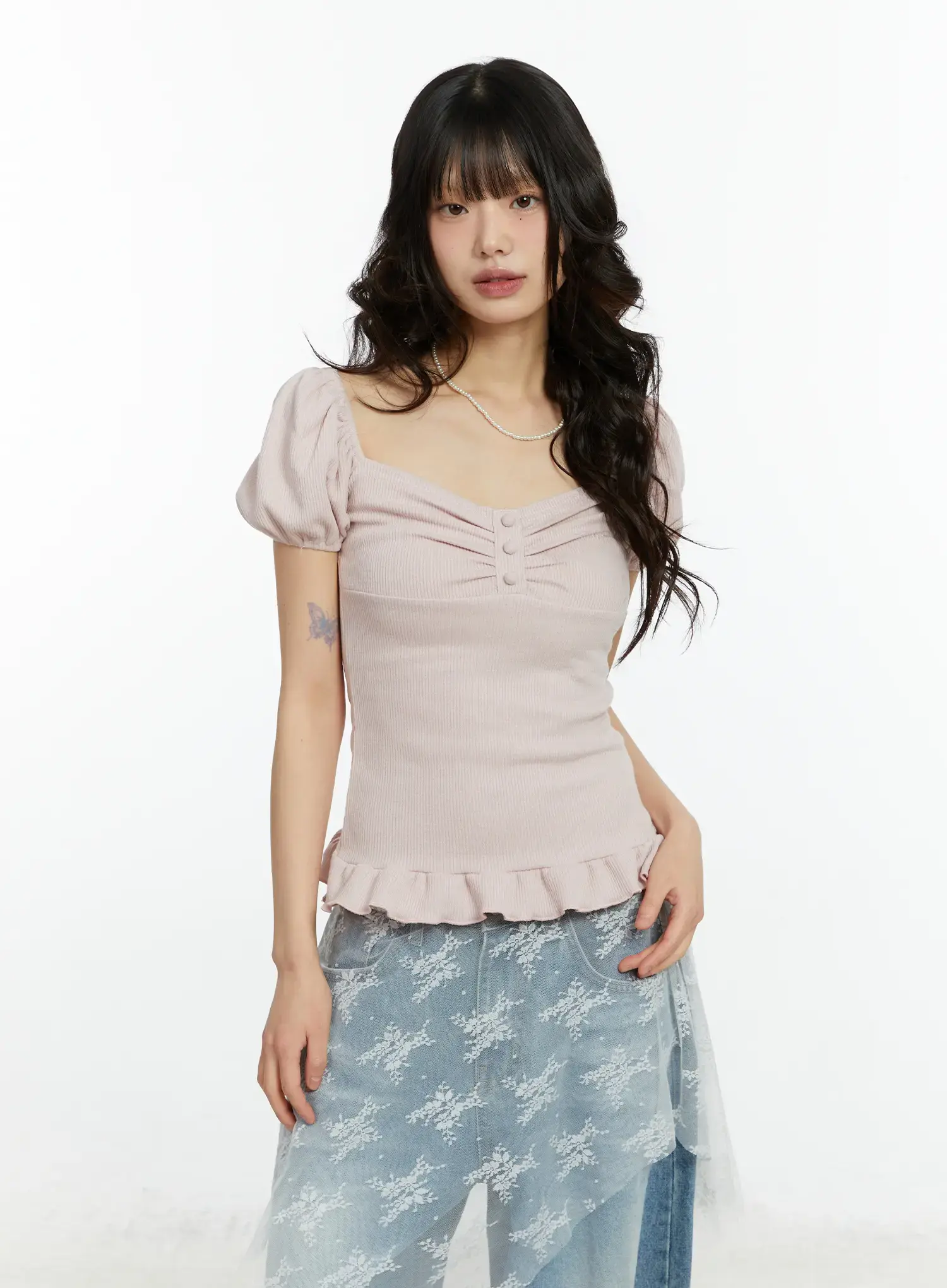 Ruffled Puff Sleeve Lace Top CF510 - Image 2