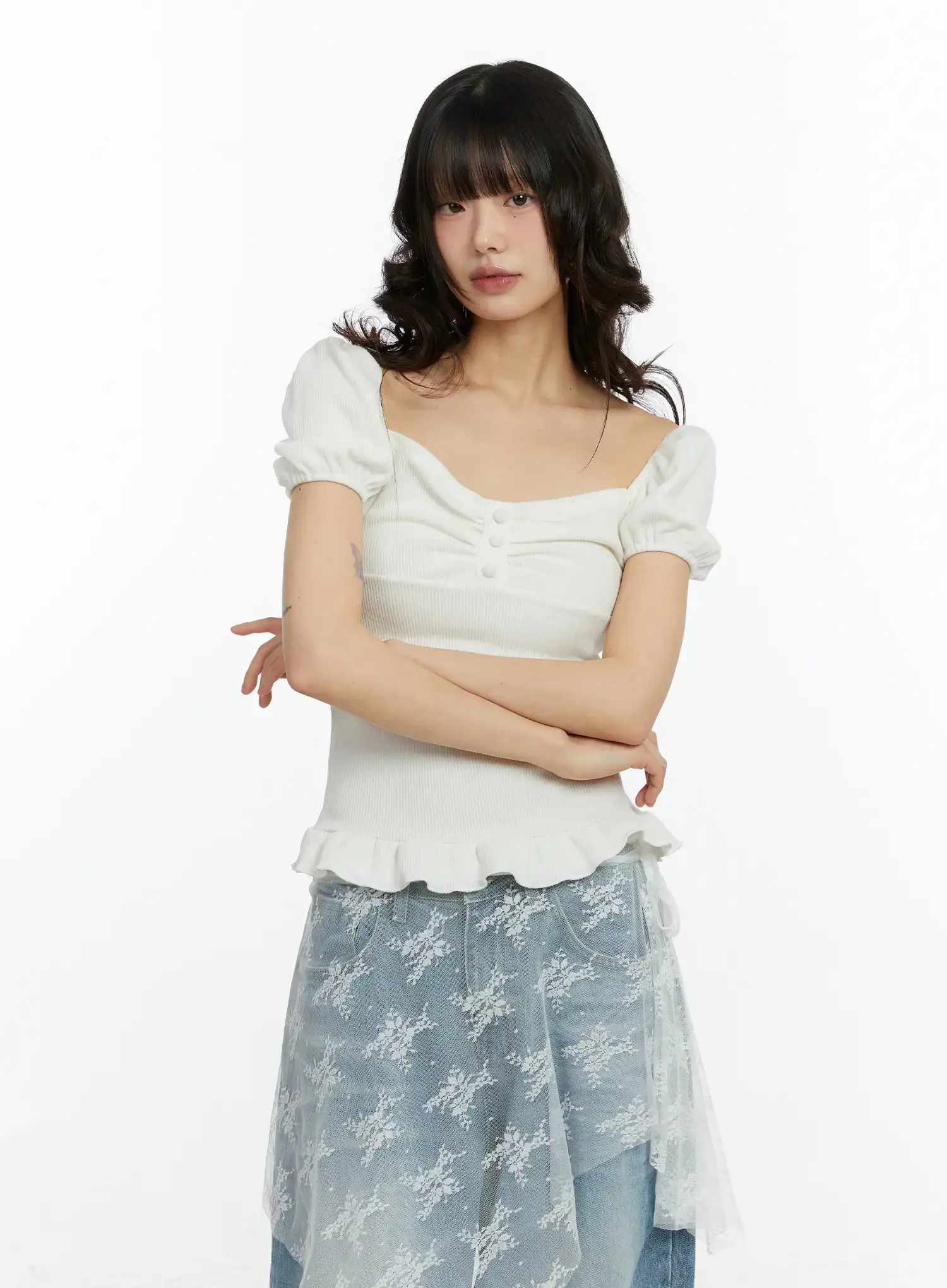 Ruffled Puff Sleeve Lace Top CF510 - Image 9