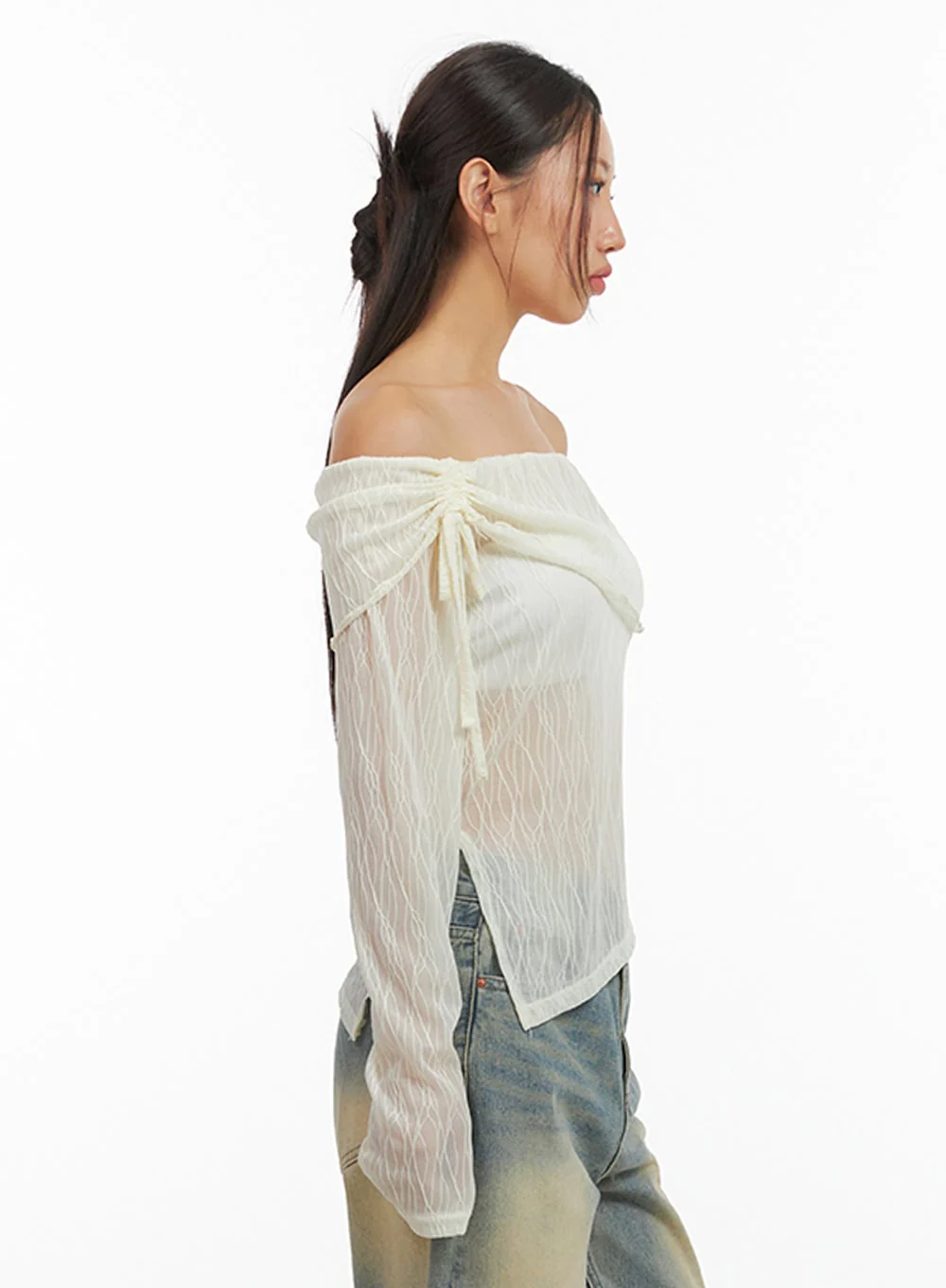 See-Through Textured Off-Shoulder Top IS402 - Image 6