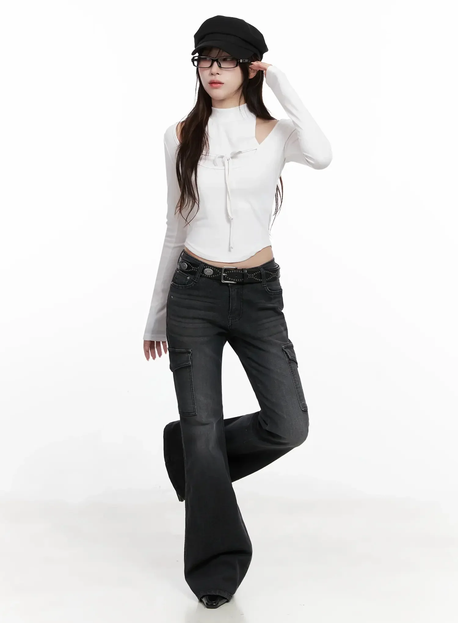 Seowon Black Cargo Low-Rise Bootcut Jeans IN514 - Image 2