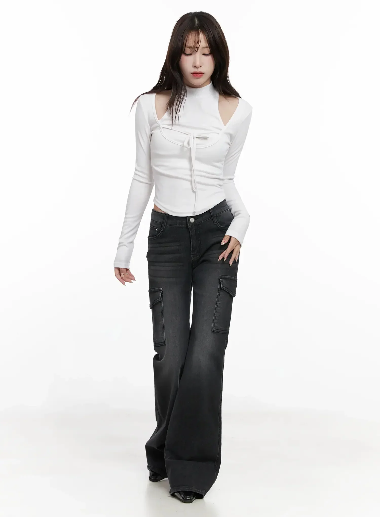 Seowon Black Cargo Low-Rise Bootcut Jeans IN514 - Image 7