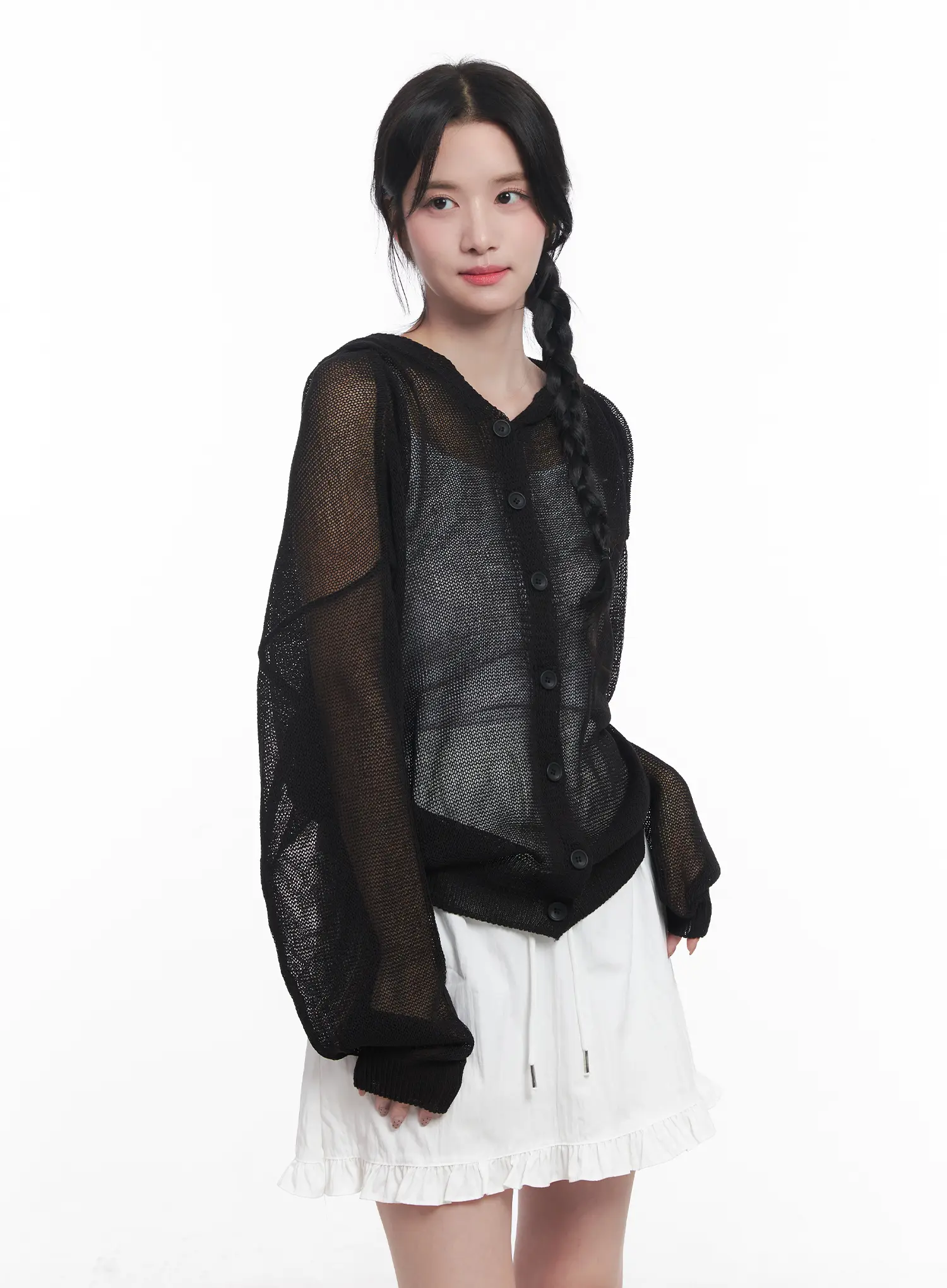 Sheer Buttoned Hooded Cardigan CU523 - Image 12