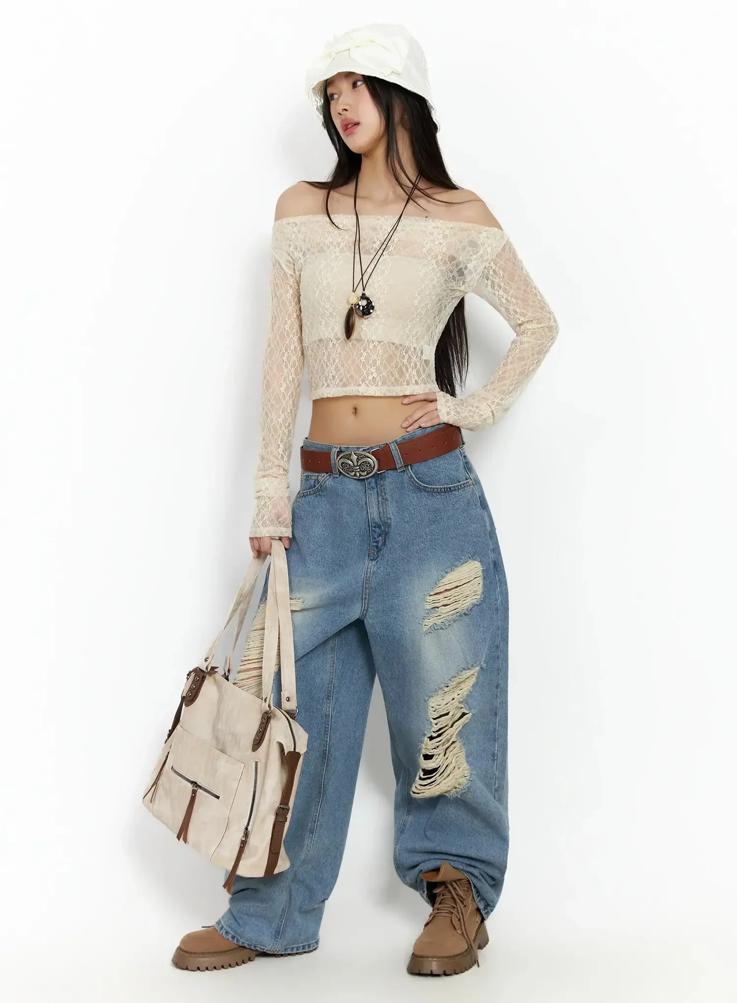 Sheer Lace Off-Shoulder Top IA508