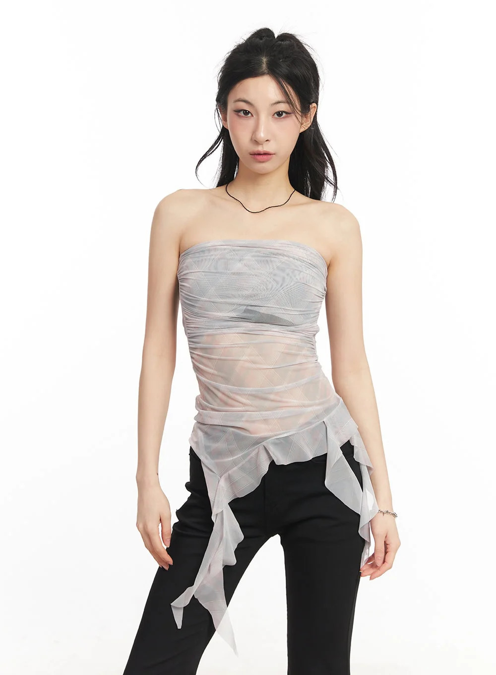 Sheer Plaid Ruffle Tube Top CA514 - Image 10