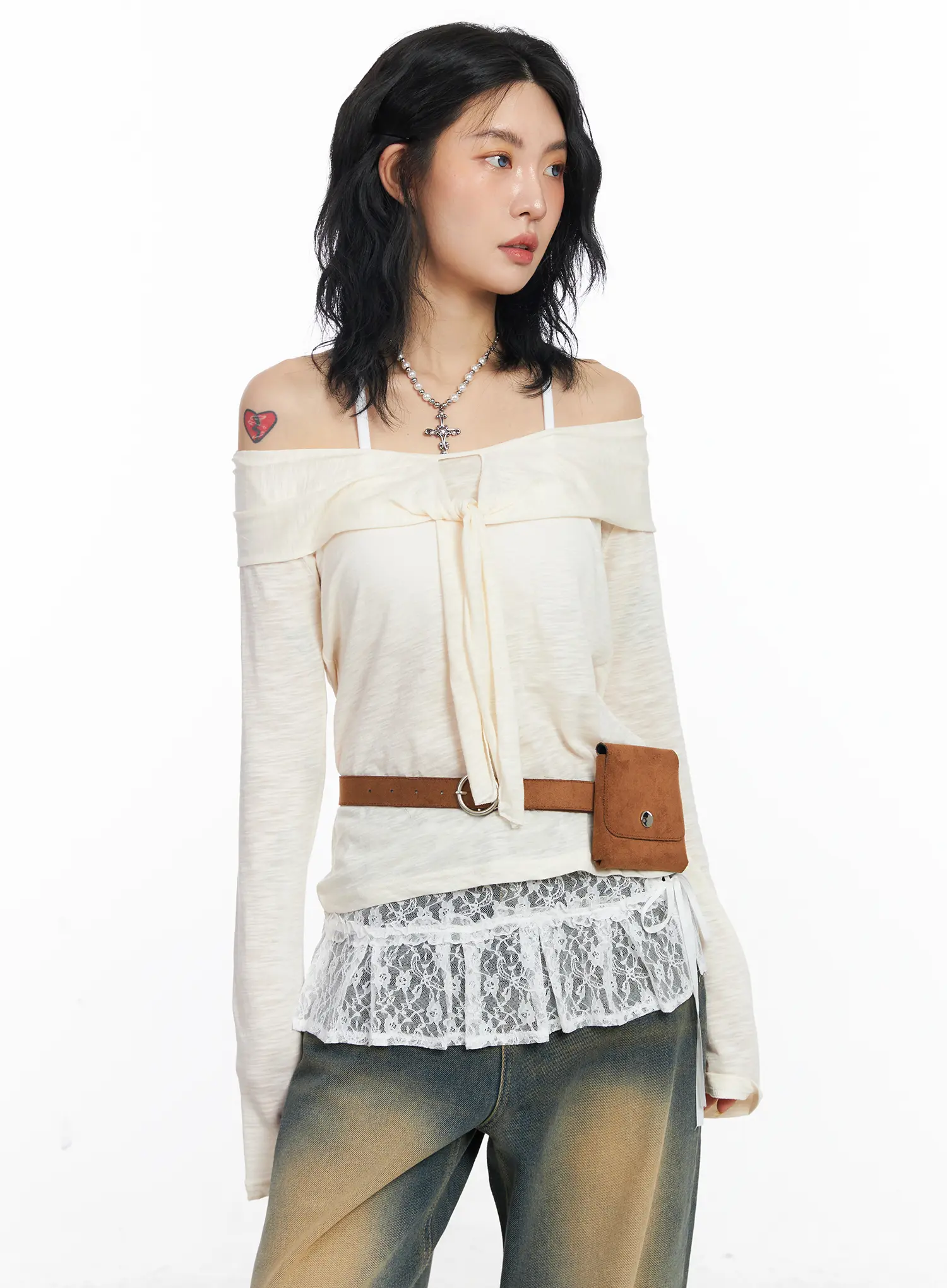Sheer Ribbon Off-Shoulder Long Sleeve Top CJ522