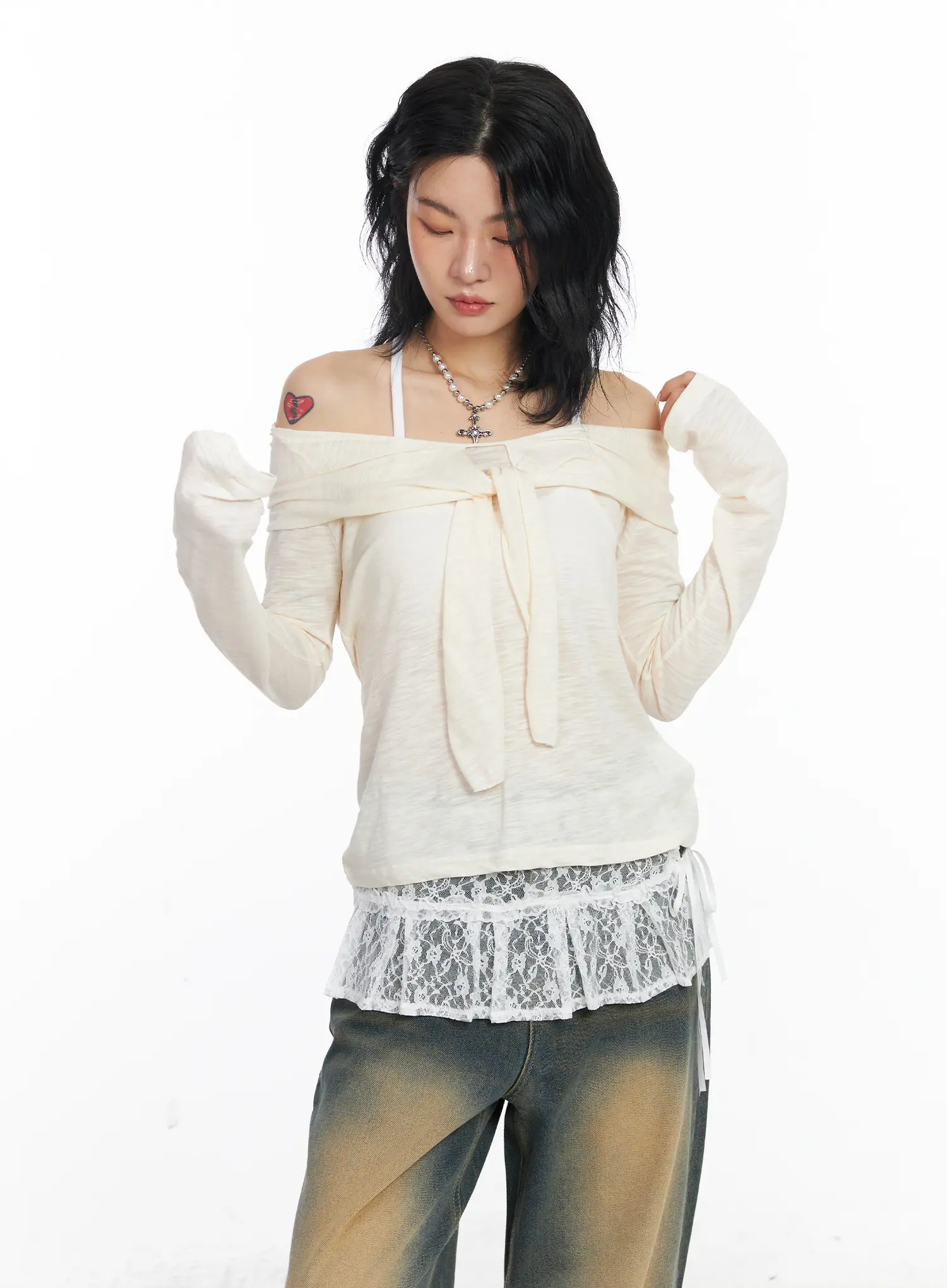 Sheer Ribbon Off-Shoulder Long Sleeve Top CJ522 - Image 5