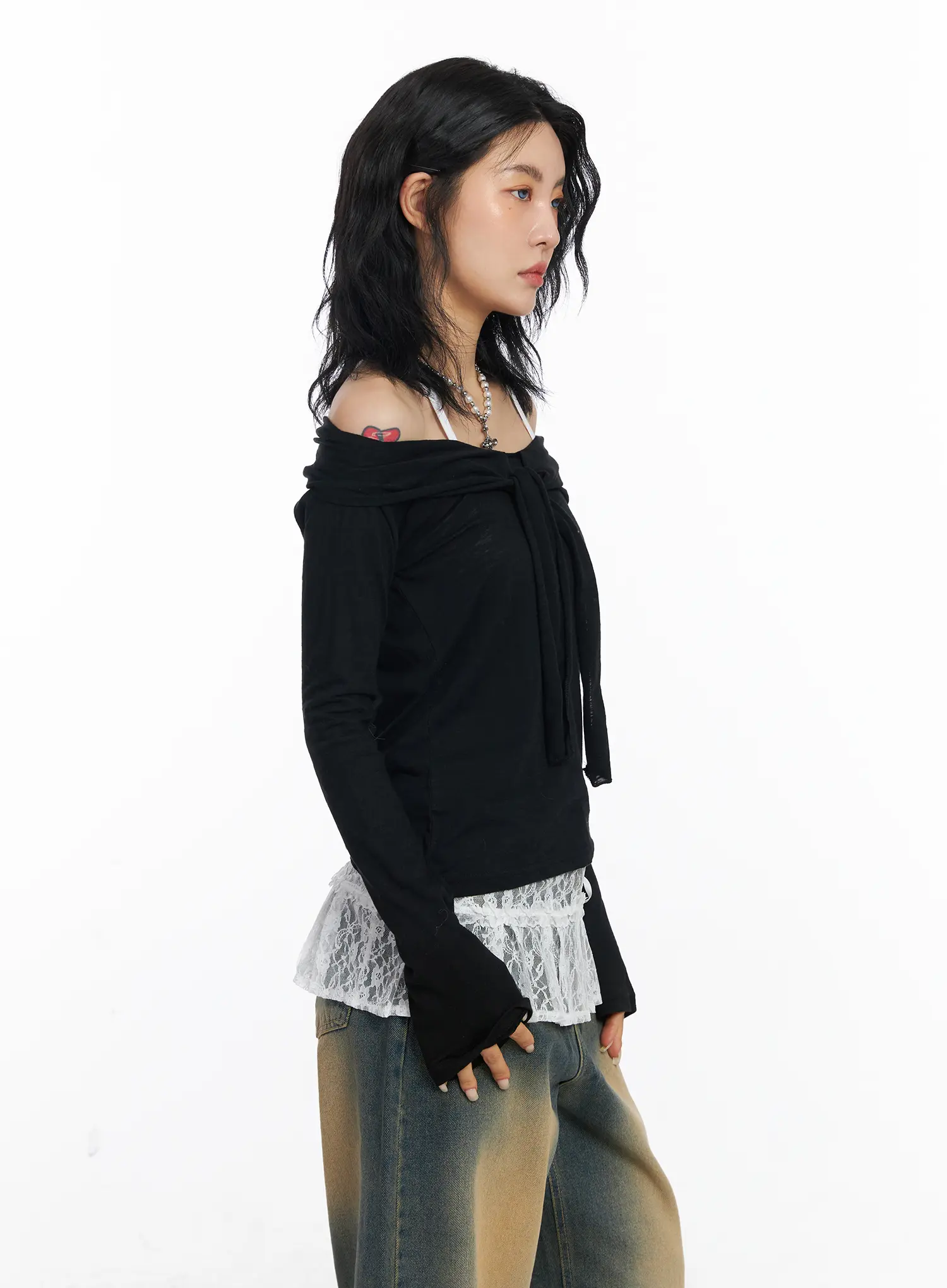 Sheer Ribbon Off-Shoulder Long Sleeve Top CJ522 - Image 6