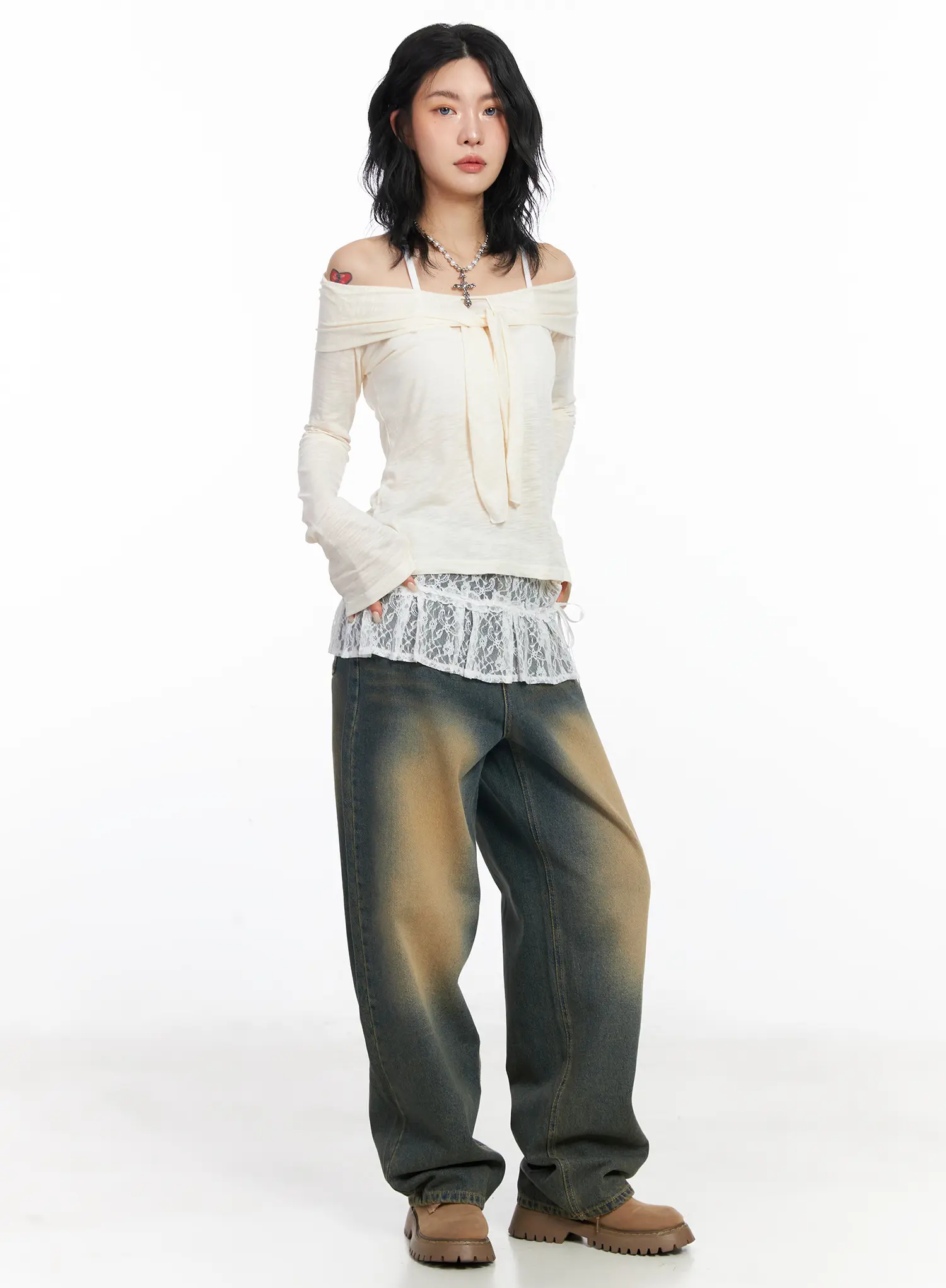 Sheer Ribbon Off-Shoulder Long Sleeve Top CJ522 - Image 7