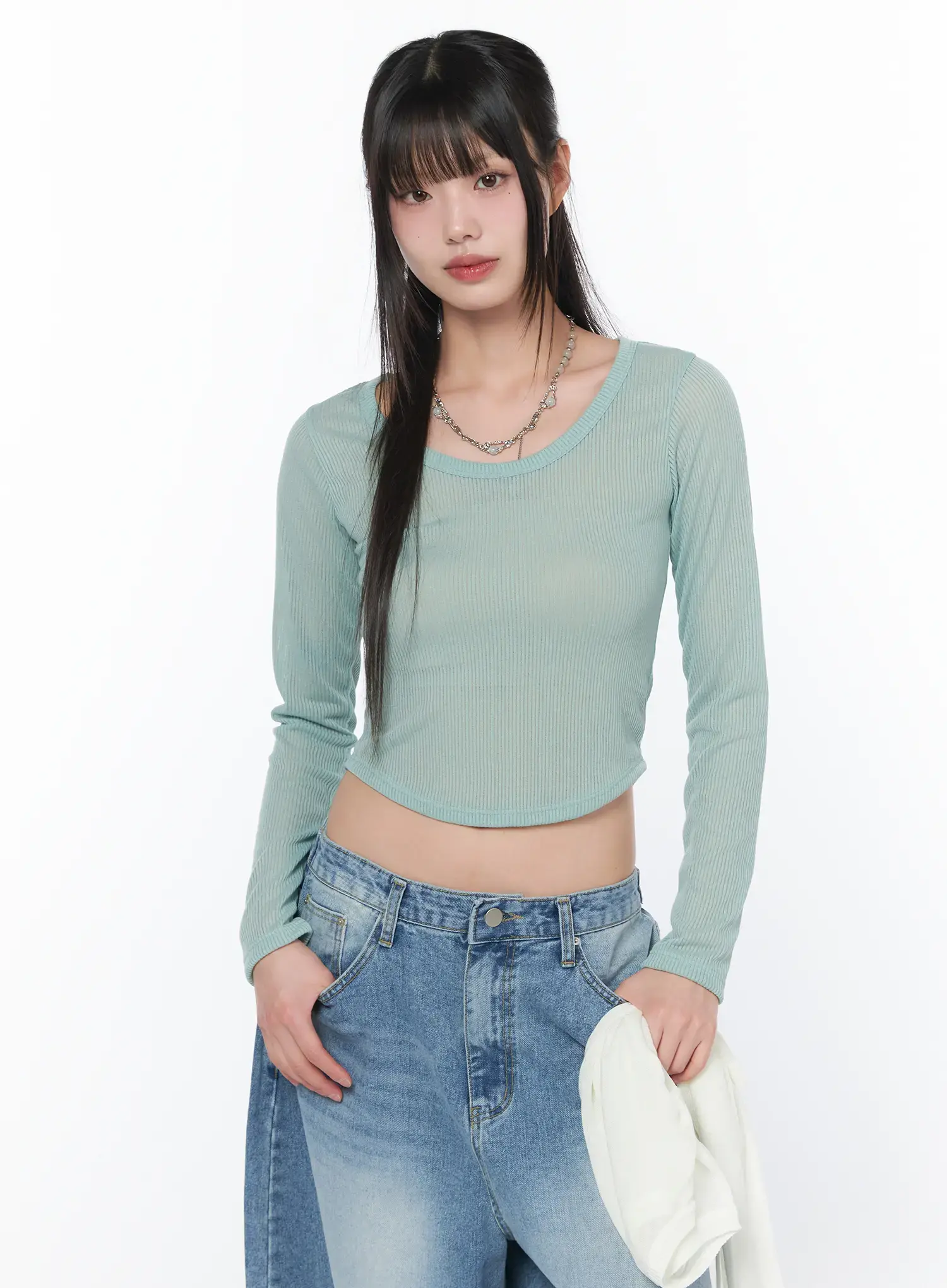 Sheer U-Neck Long Sleeve Top CA528
