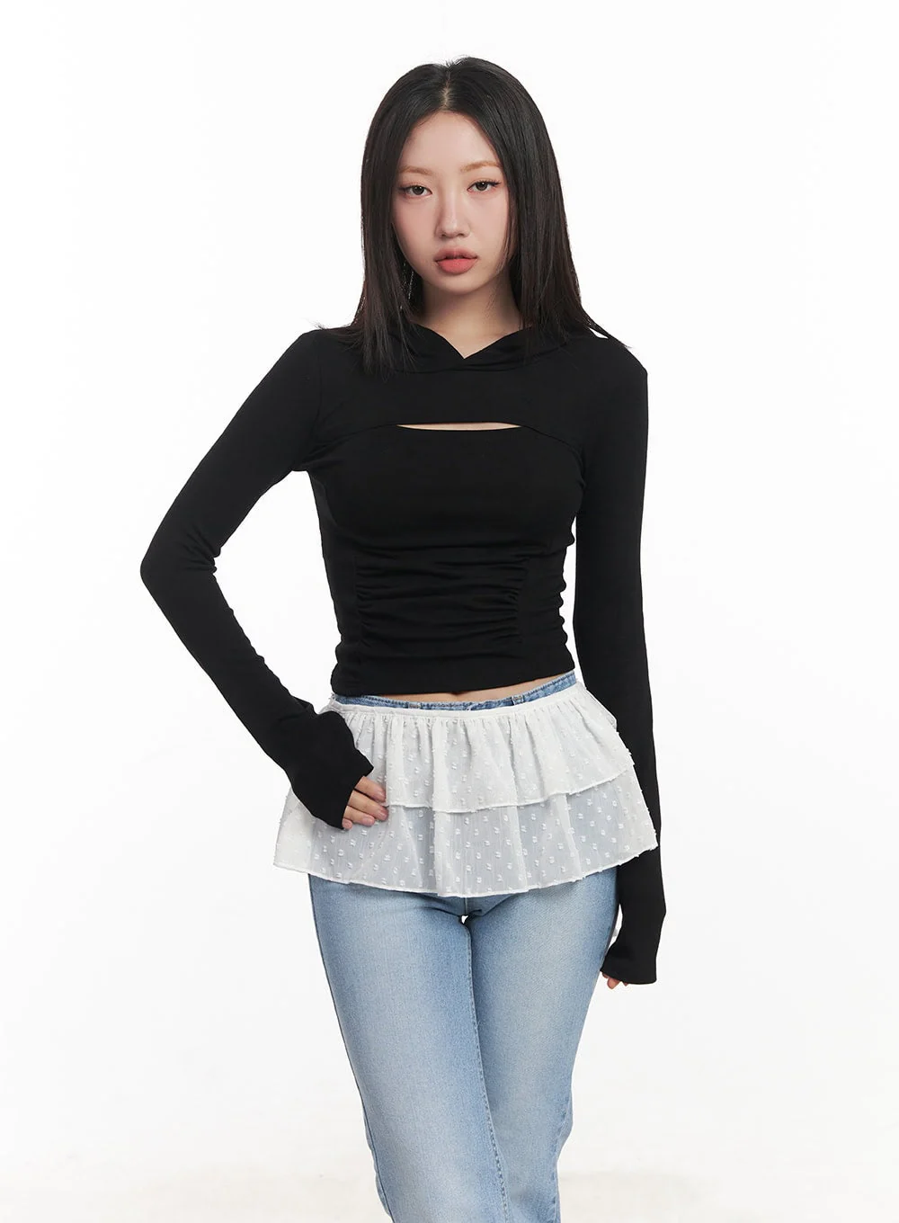 Shirred Cut-Out Crop Hoodie Top CA521 - Image 11