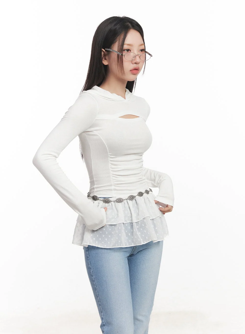 Shirred Cut-Out Crop Hoodie Top CA521 - Image 6