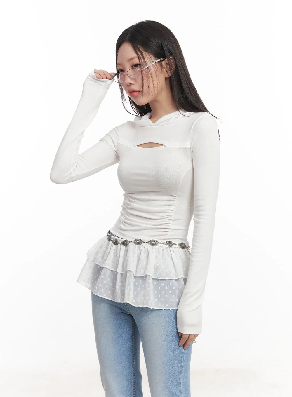 Shirred Cut-Out Crop Hoodie Top CA521 - Image 9