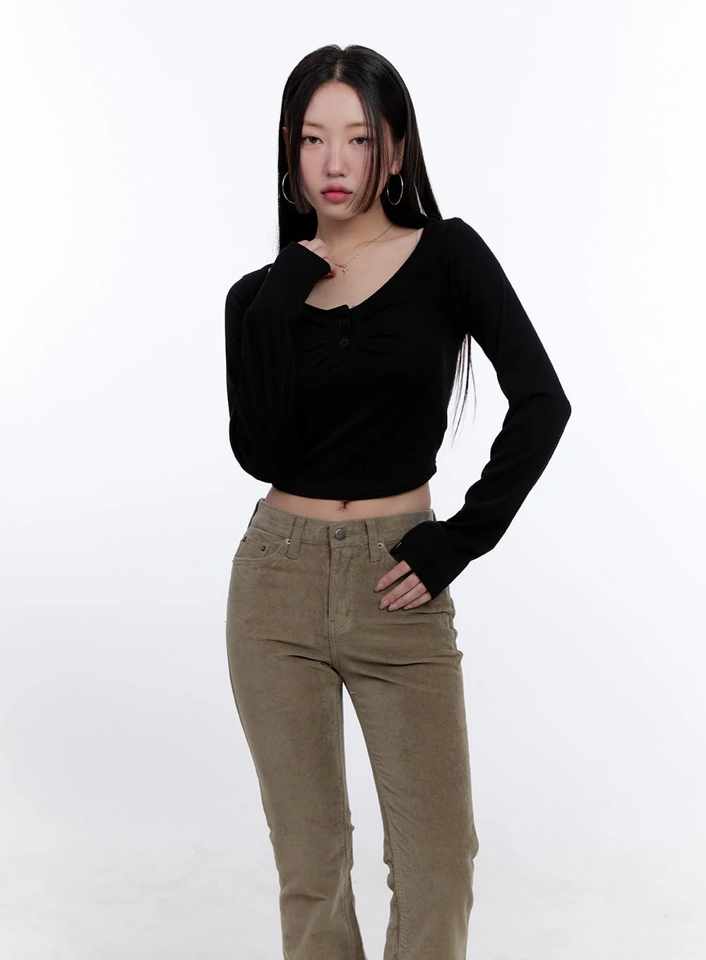Shirred Long-Sleeve Buttoned Crop Tee CJ513 - Image 7