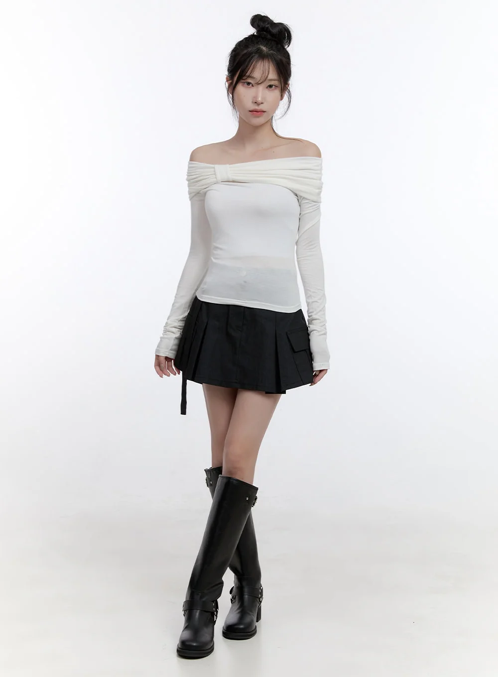 Shirred Off-Shoulder Solid T-Shirt CO419 - Image 8