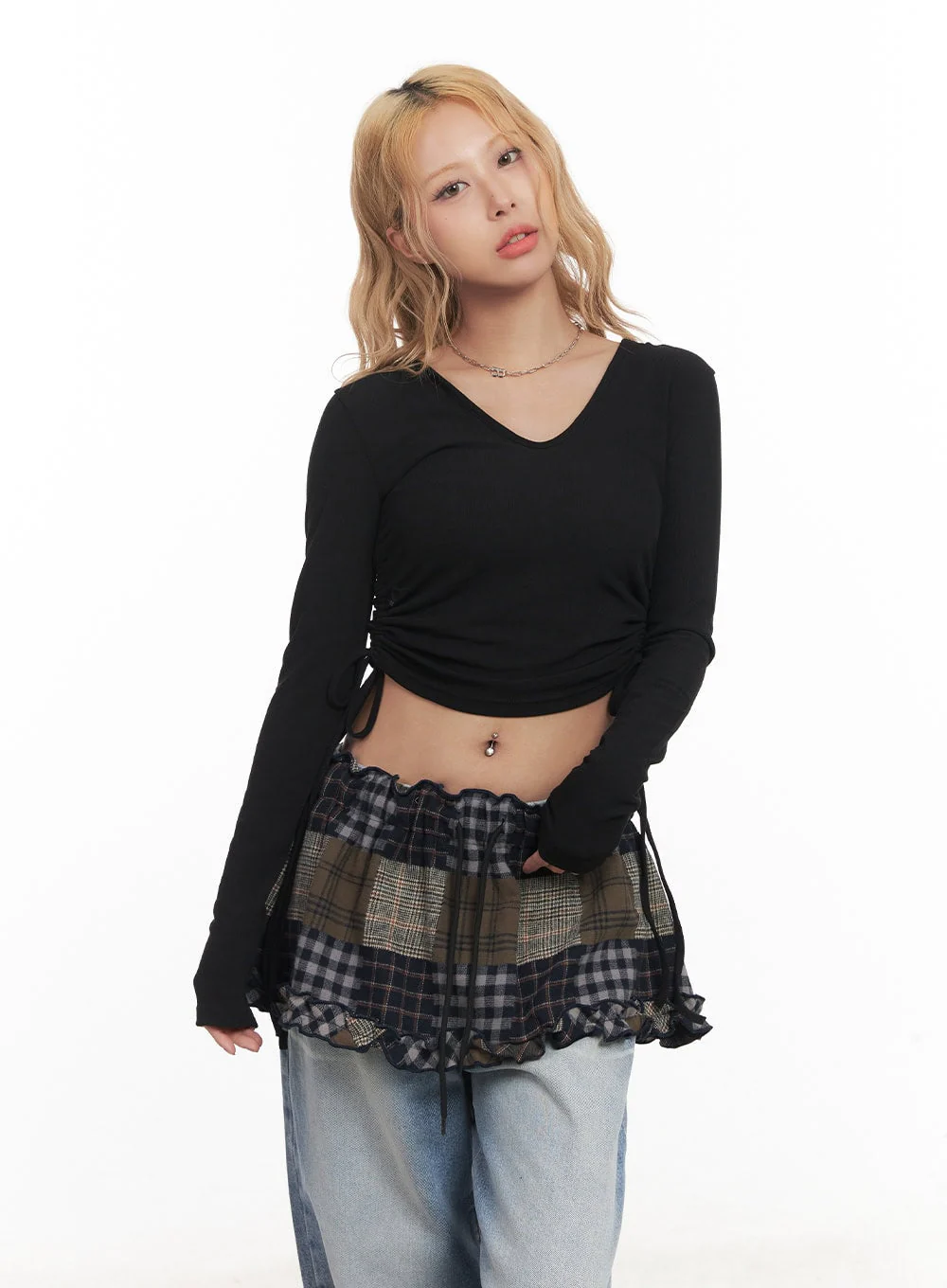 Shirred Ribbon Long-Sleeve Hooded Crop Top CM505 - Image 10