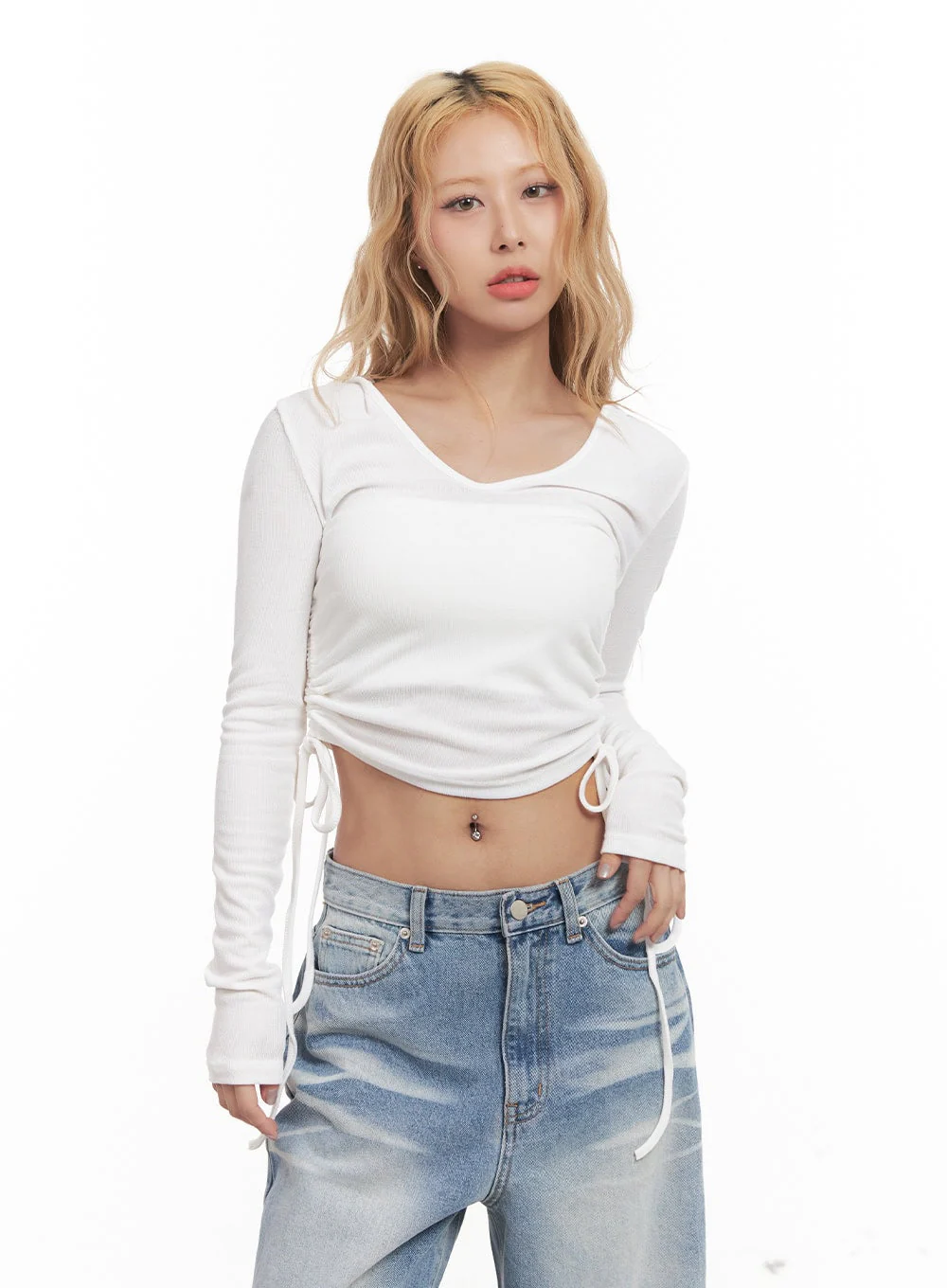 Shirred Ribbon Long-Sleeve Hooded Crop Top CM505 - Image 8