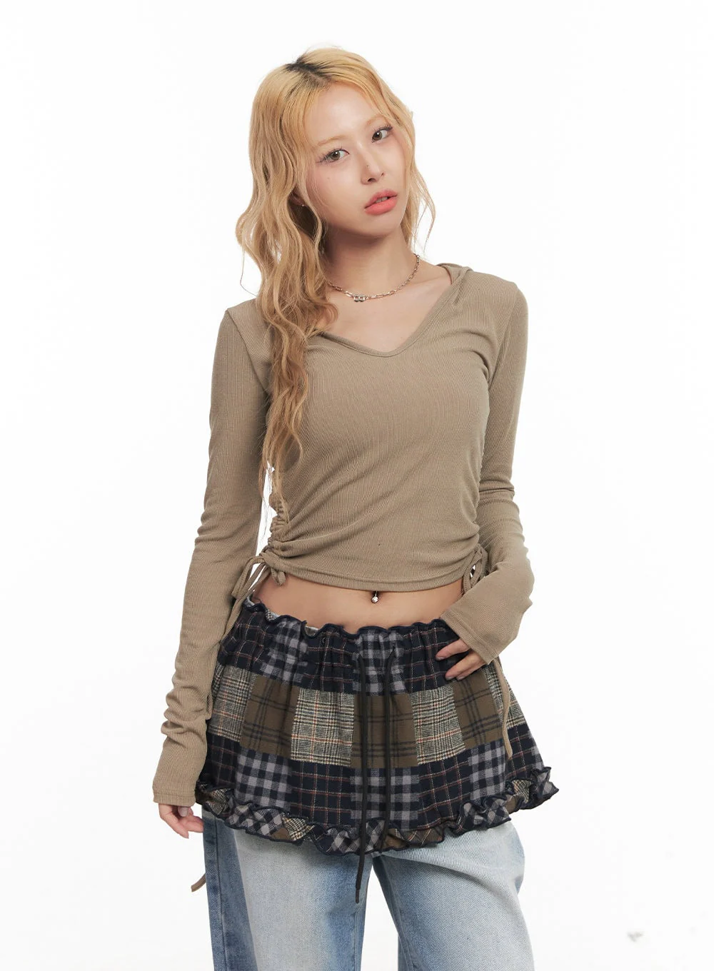 Shirred Ribbon Long-Sleeve Hooded Crop Top CM505 - Image 9