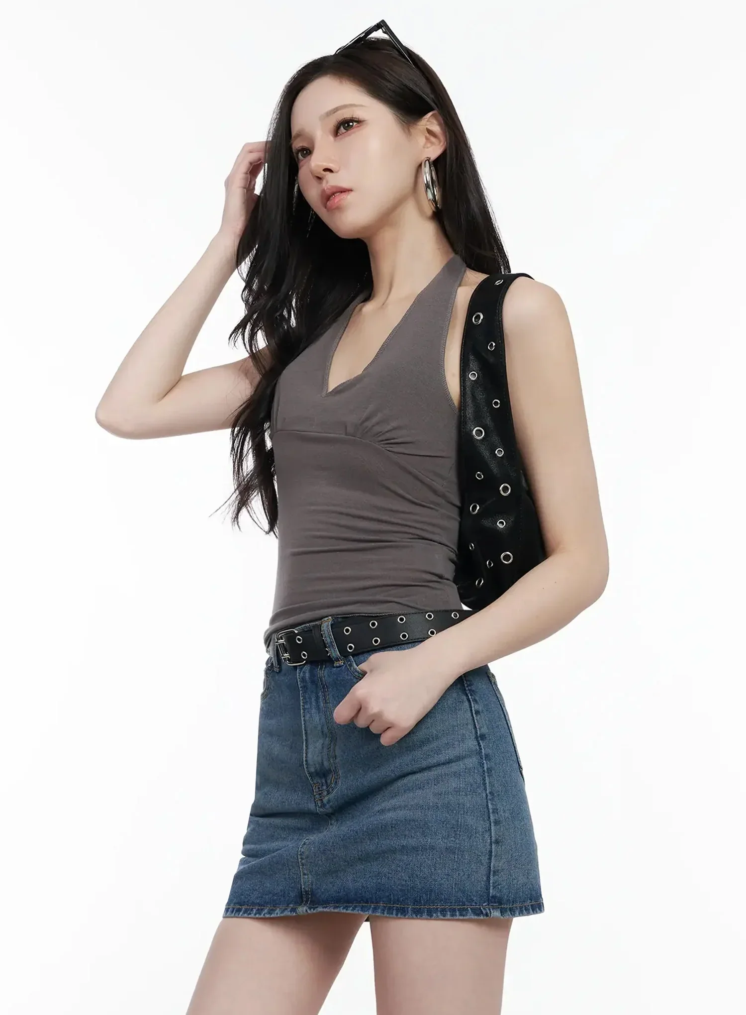 Shirred Sleeveless Halter Neck Tank Top IJ528