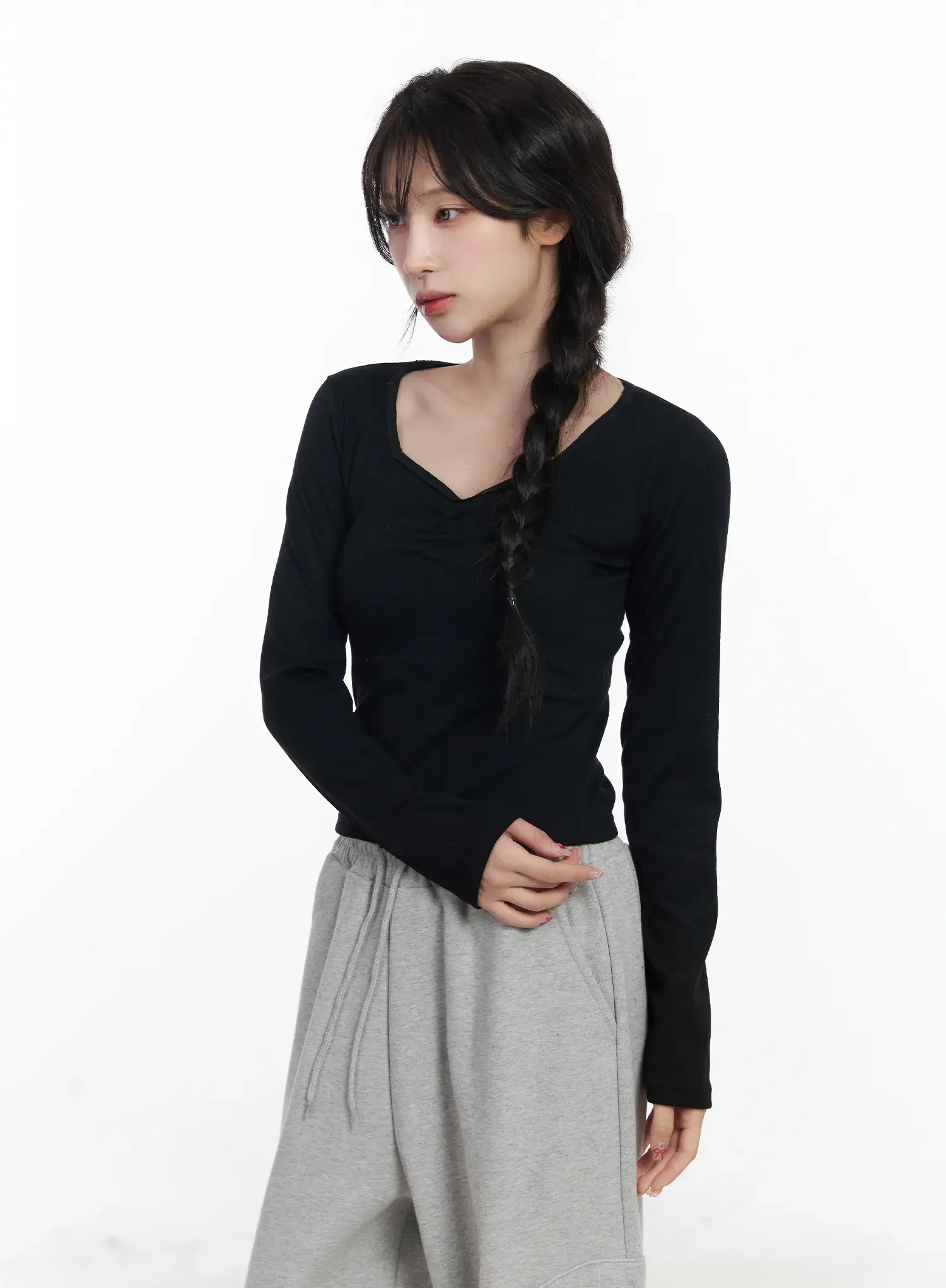 Shirring Heart Neck Long Sleeve Top CJ527