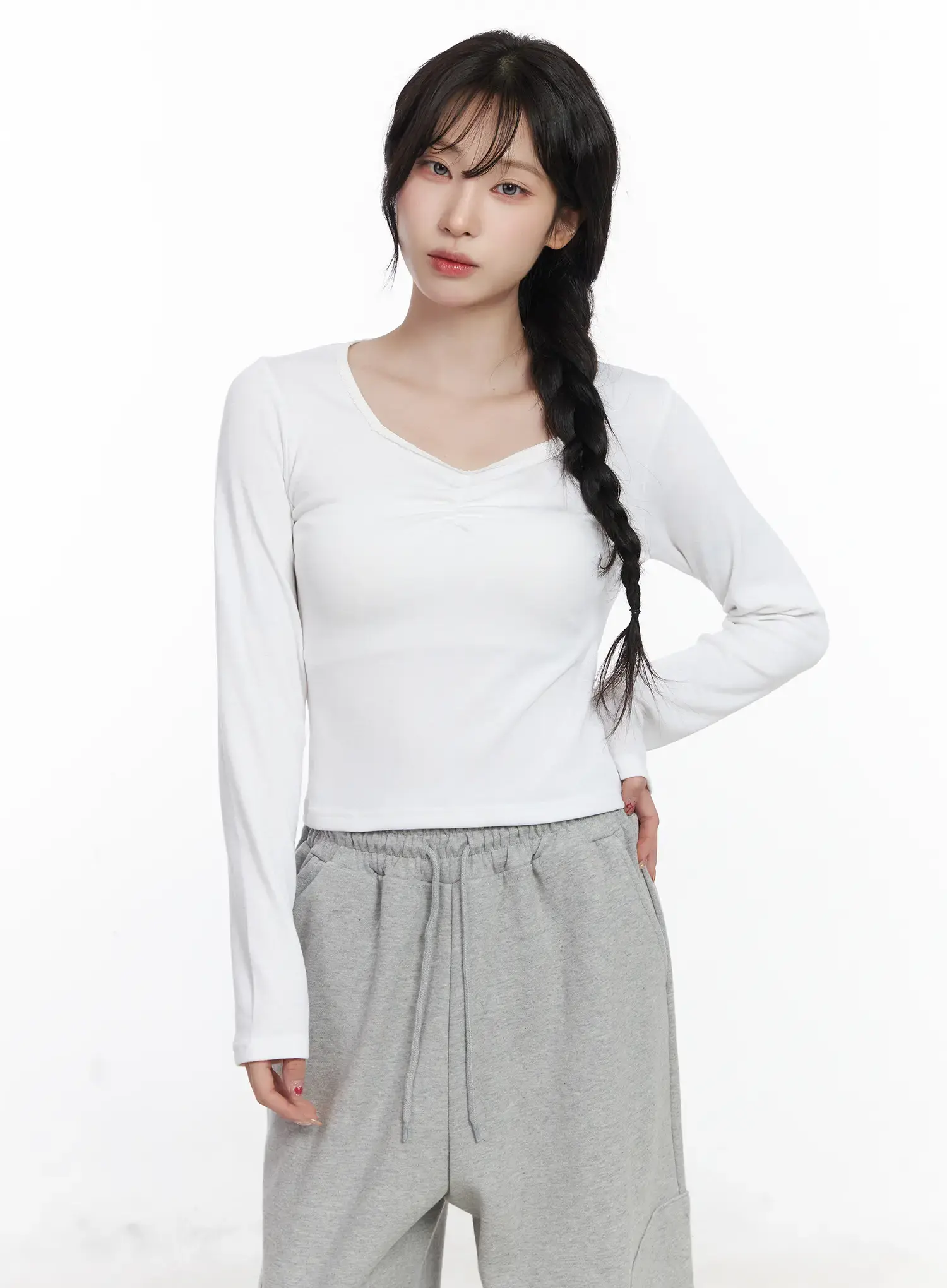 Shirring Heart Neck Long Sleeve Top CJ527 - Image 2