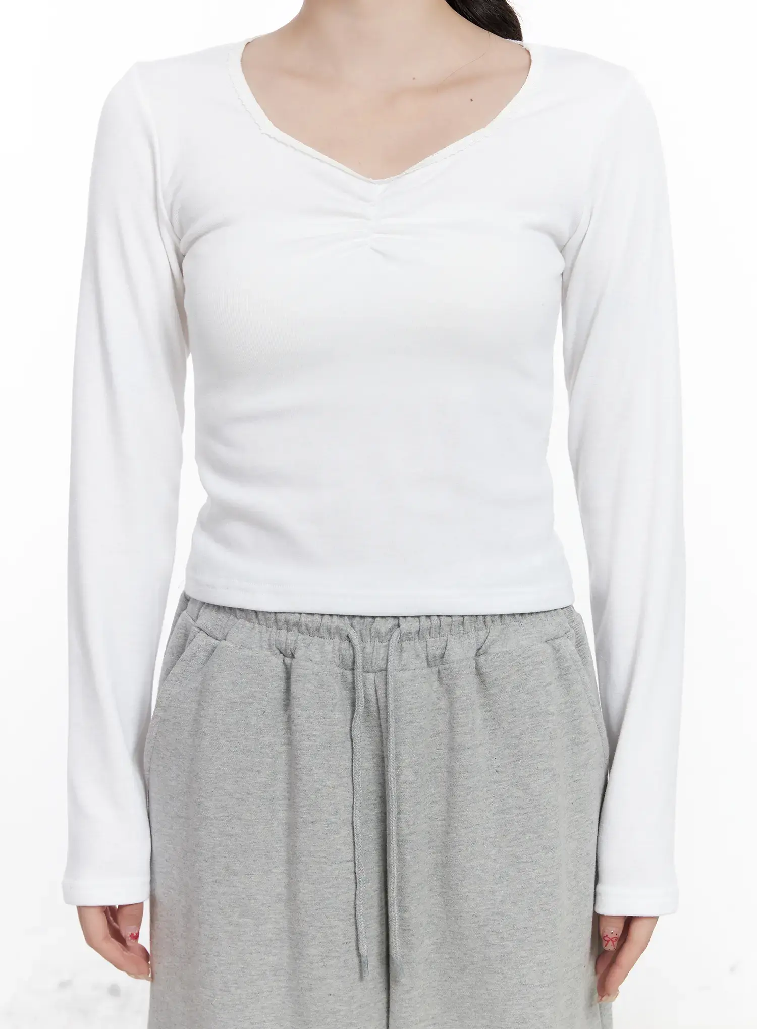 Shirring Heart Neck Long Sleeve Top CJ527 - Image 8