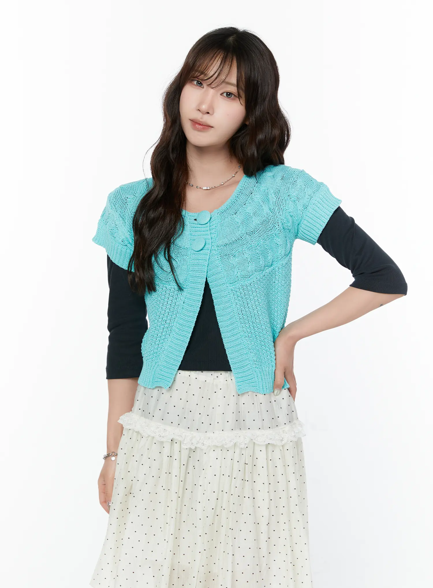 Short Sleeve Cable Knit Cardigan CY515 - Image 2