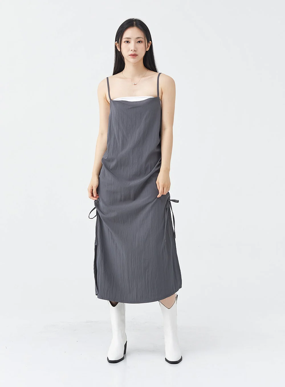 Side Shirring Sleeveless Strap Maxi Dress OG12 - Image 10