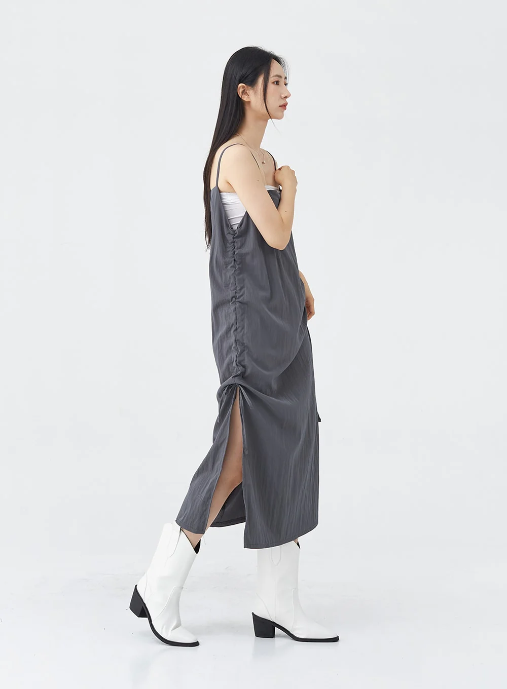 Side Shirring Sleeveless Strap Maxi Dress OG12 - Image 12