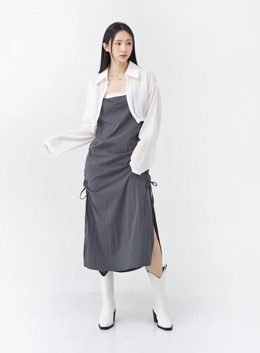 Side Shirring Sleeveless Strap Maxi Dress OG12 - Image 14