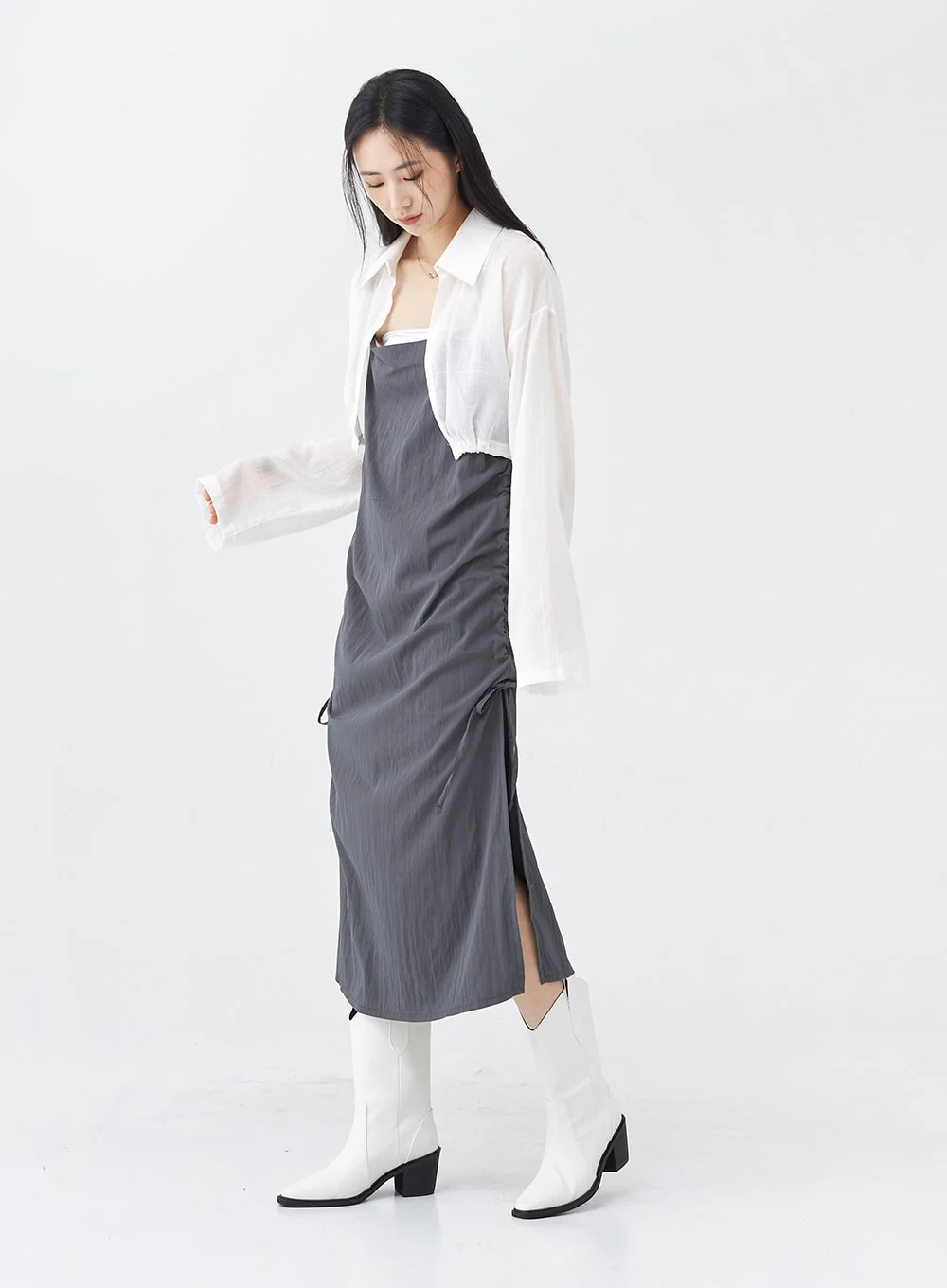 Side Shirring Sleeveless Strap Maxi Dress OG12 - Image 4