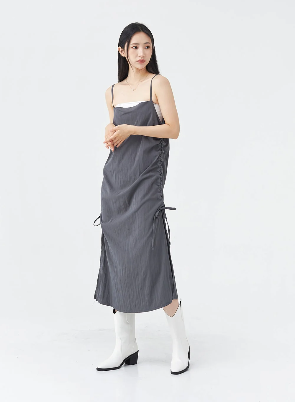 Side Shirring Sleeveless Strap Maxi Dress OG12 - Image 6