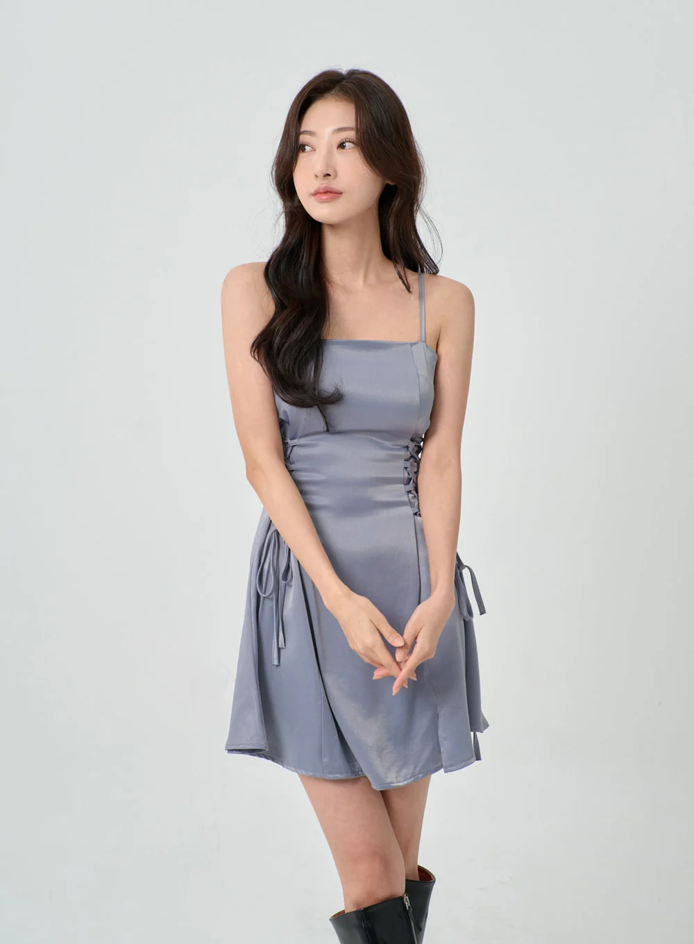 Silky Satin Cross Waist Tie Thin Strap Mini Dress IO27 - Image 3