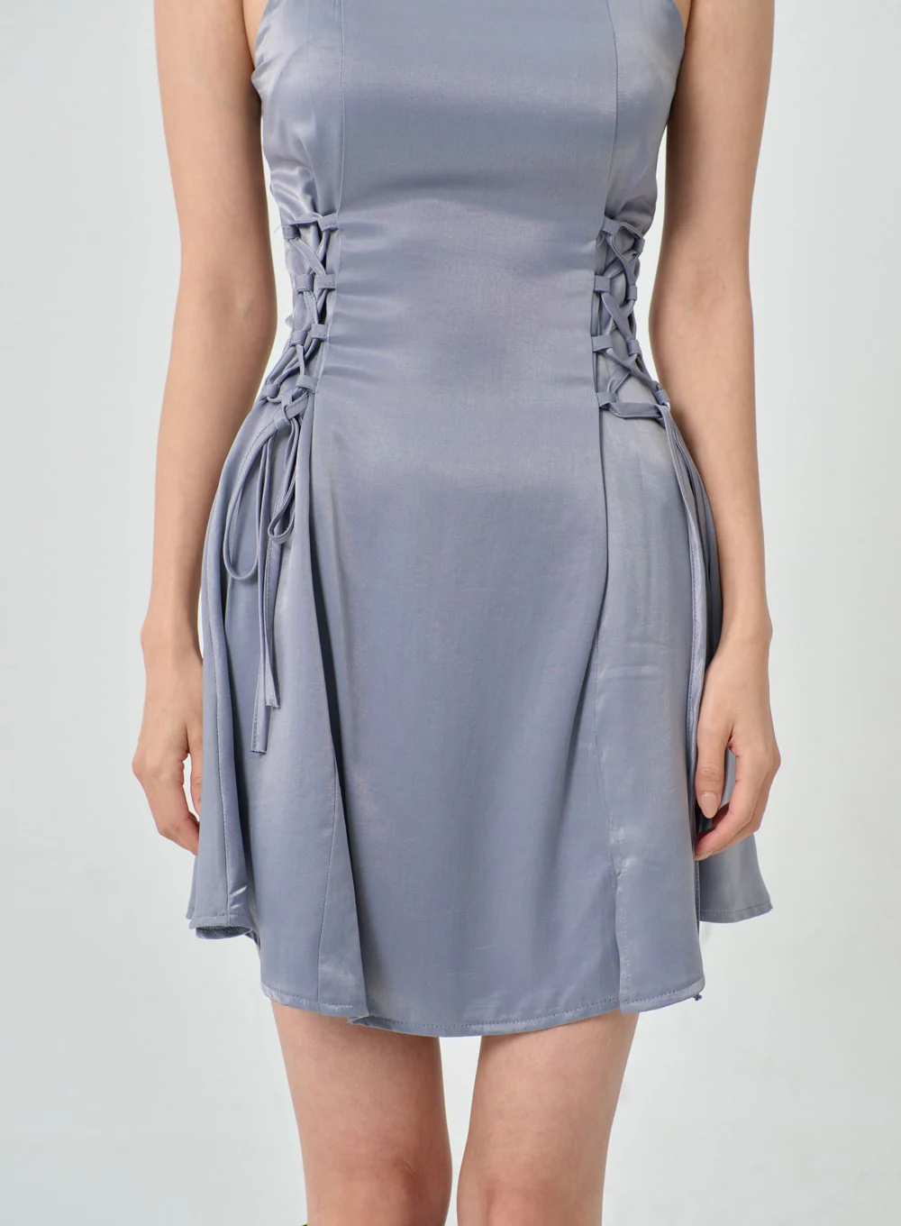 Silky Satin Cross Waist Tie Thin Strap Mini Dress IO27 - Image 5