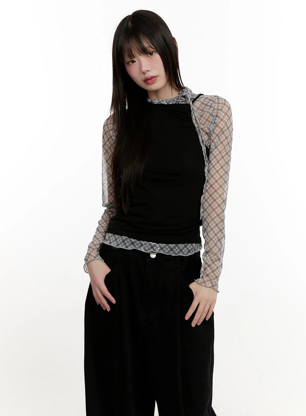 Slim-Fit Plaid Print Sheer Top CM514 - Image 10