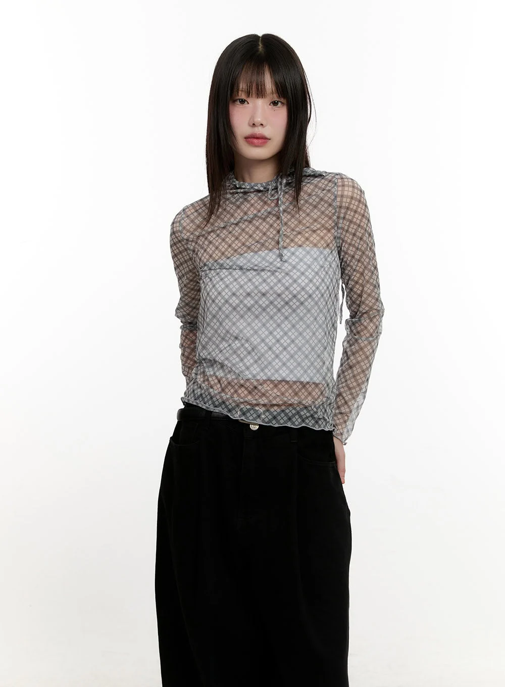 Slim-Fit Plaid Print Sheer Top CM514 - Image 12