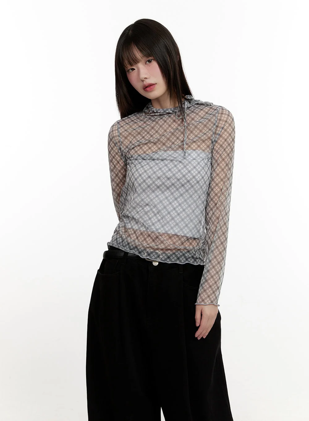 Slim-Fit Plaid Print Sheer Top CM514 - Image 2