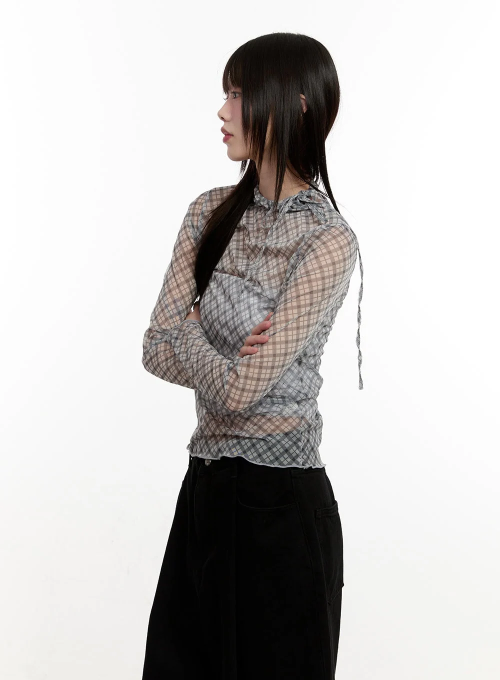 Slim-Fit Plaid Print Sheer Top CM514 - Image 3